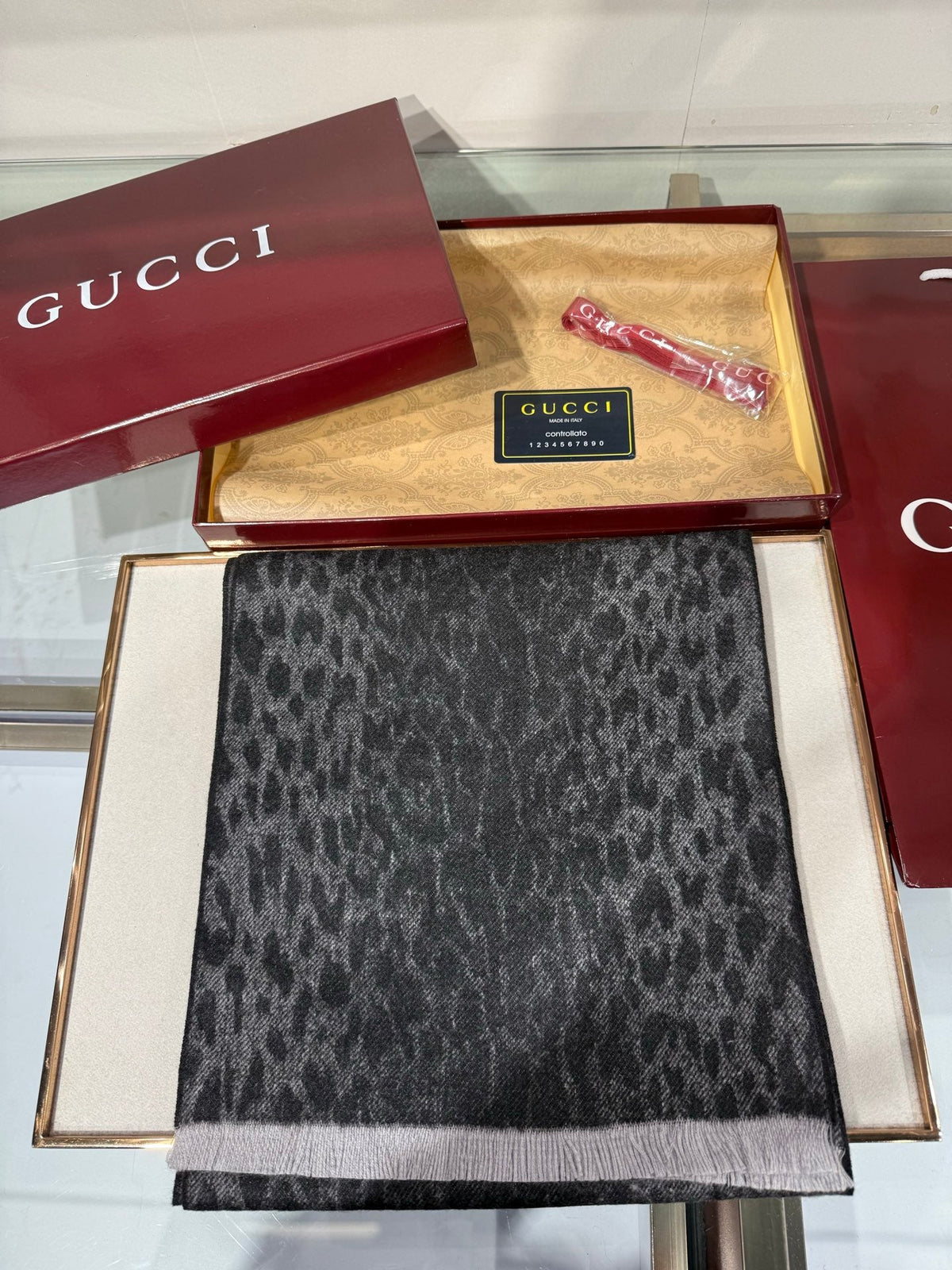 GG 26s GG Monogram Leopard Print Scarf 180cm Charcoal Black Cashmere Silk 219606