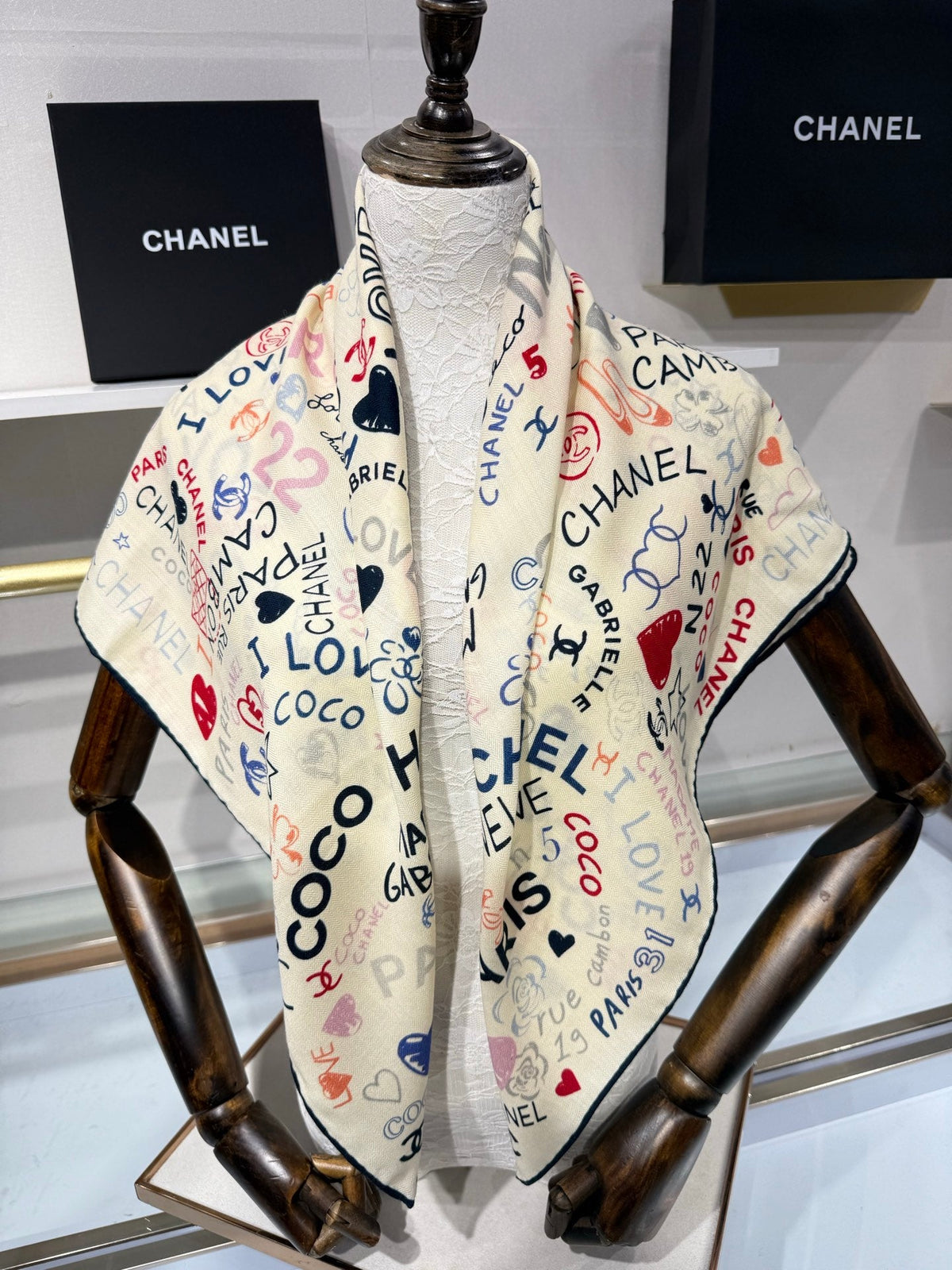 CC 26s Graffiti Typography Square Scarf 90x90cm White Multicolor Cashmere Silk 220089