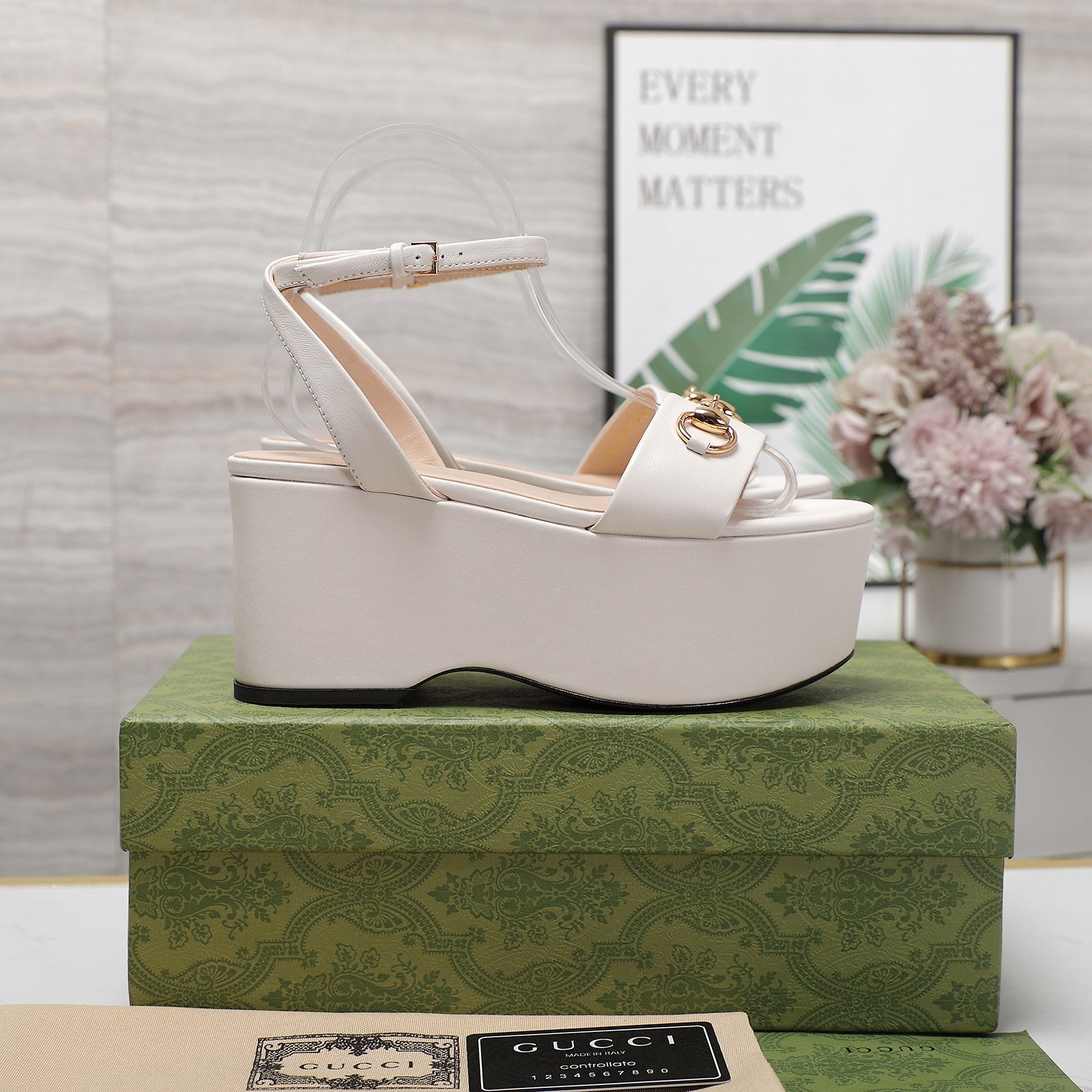 GG Horsebit Wedges Sandals White