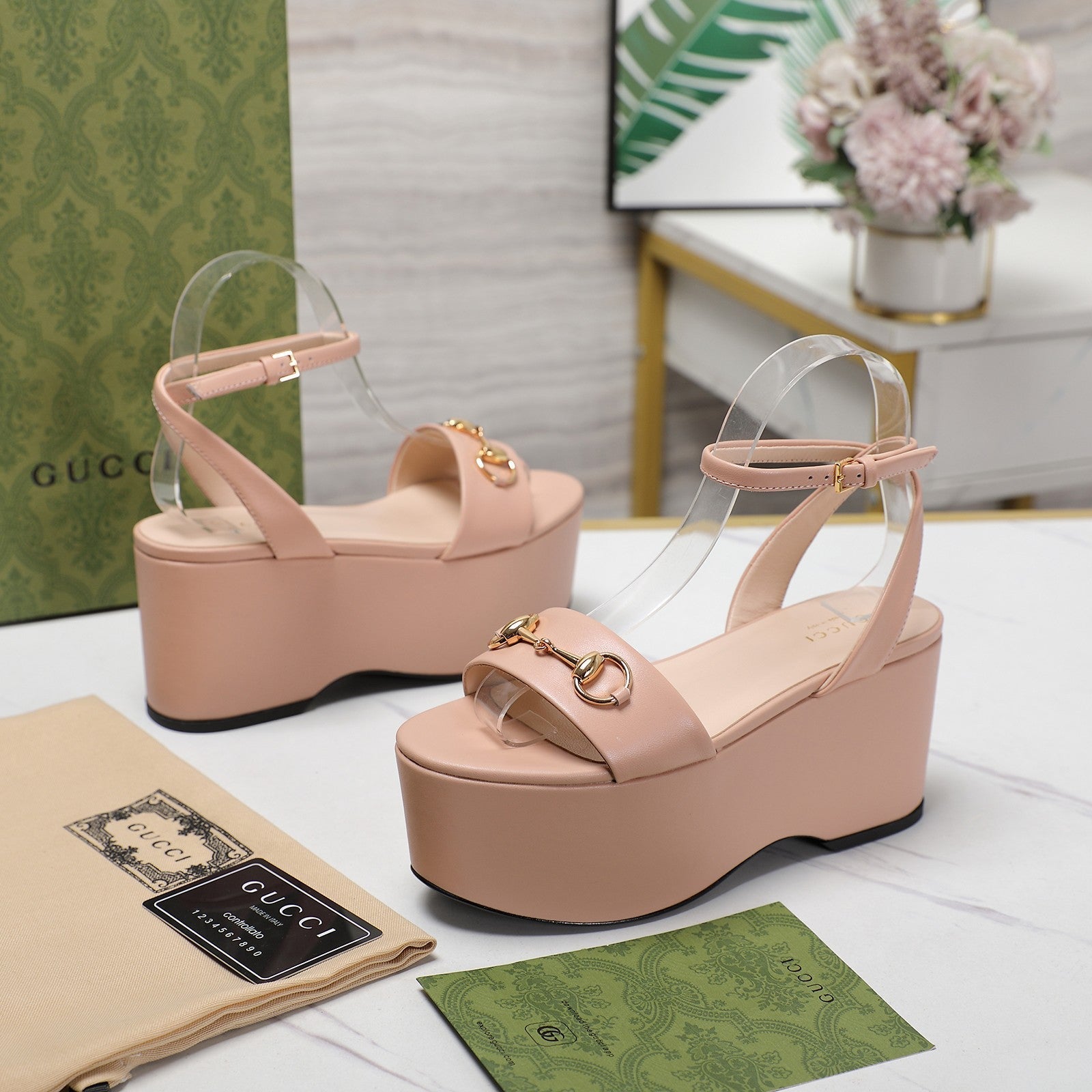 GG Horsebit Wedges Sandals Pink