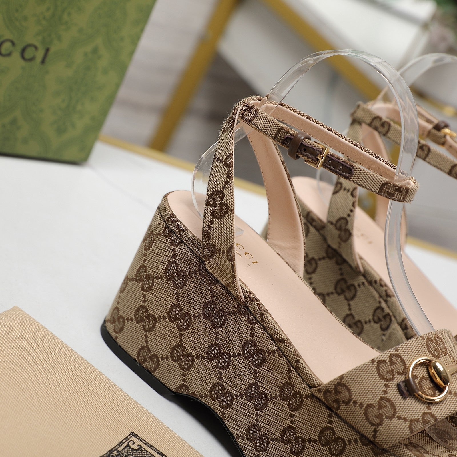 GG Horsebit Wedges Sandals Brown
