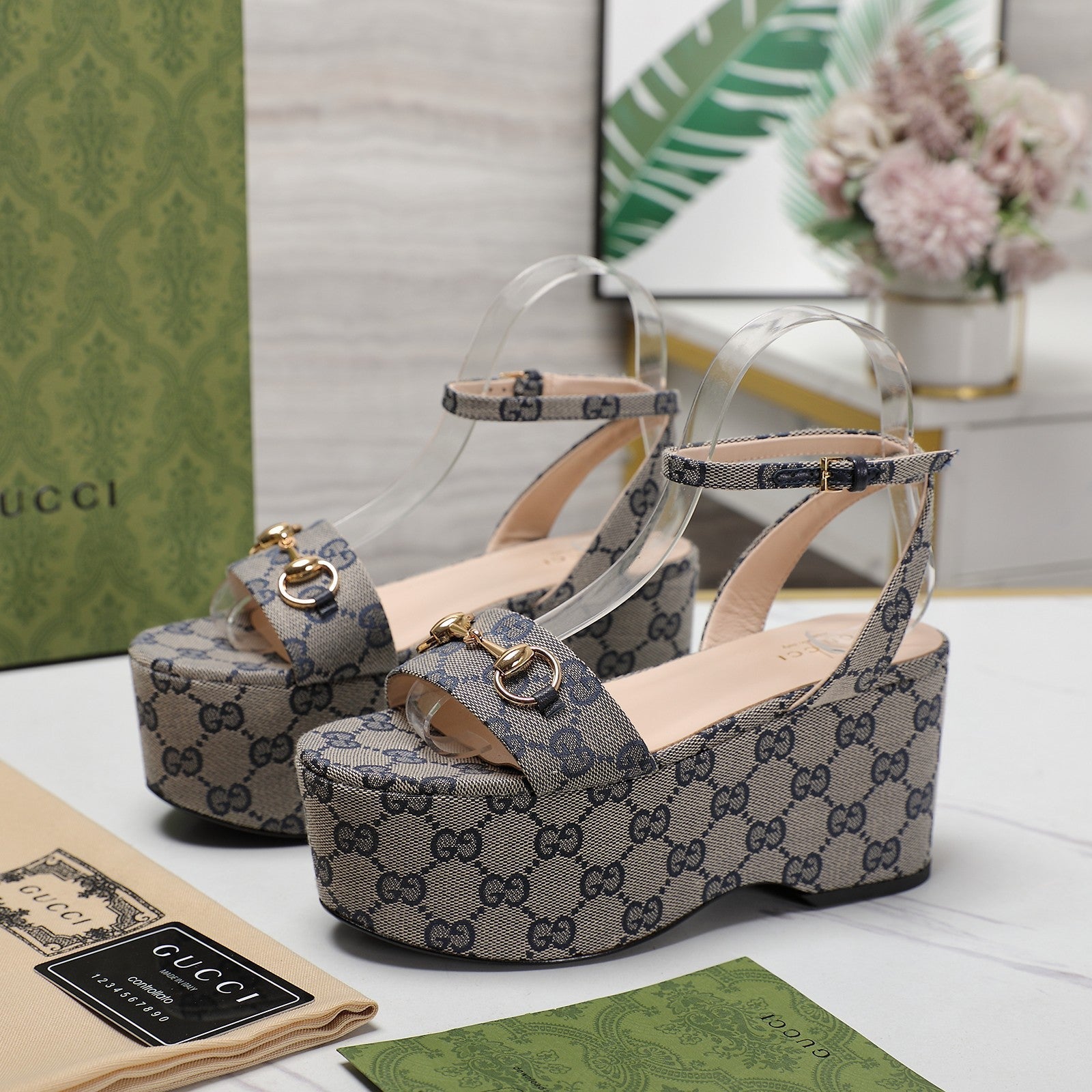 GG Horsebit Wedges Sandals Grey
