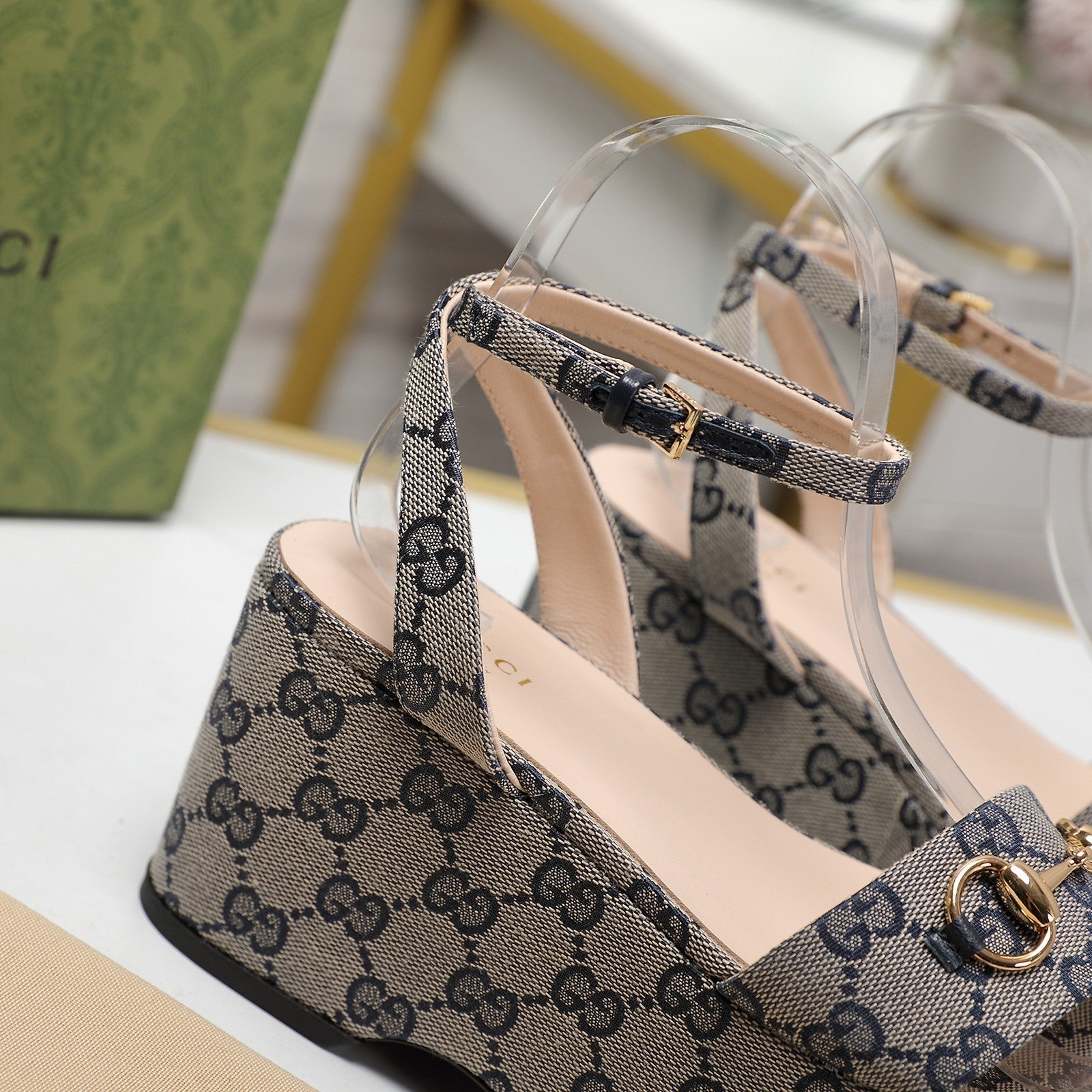 GG Horsebit Wedges Sandals Light Grey