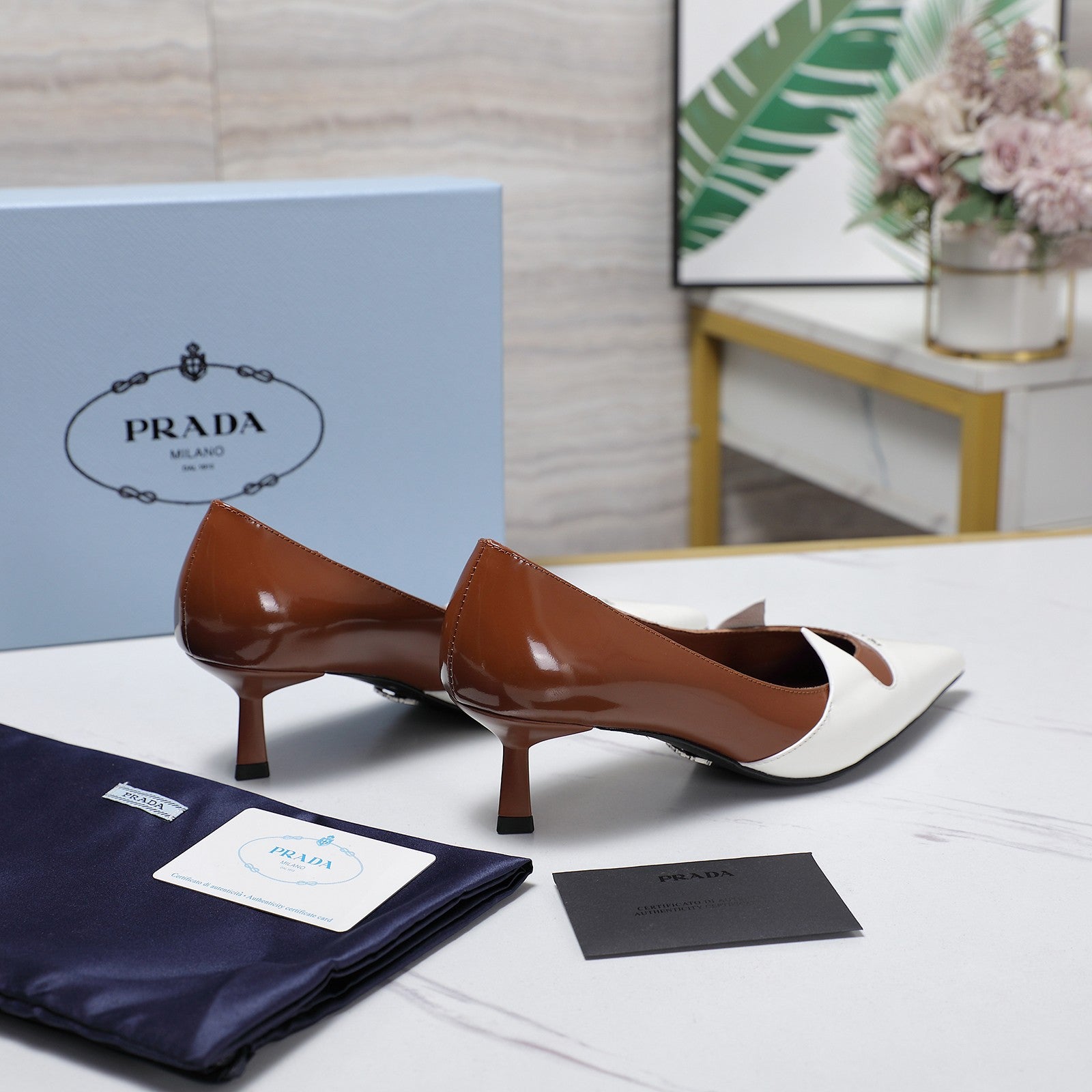 Prada Two-Tone Brushed Pumps 55mm Chocolate White Cowhide 456263