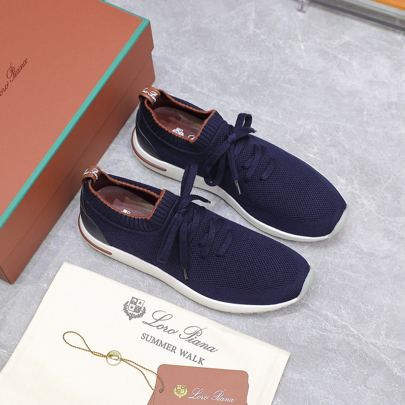 LP lady Flexy Walk Sneaker Navy Blue mix Orange Wool and Calfskin 310450
