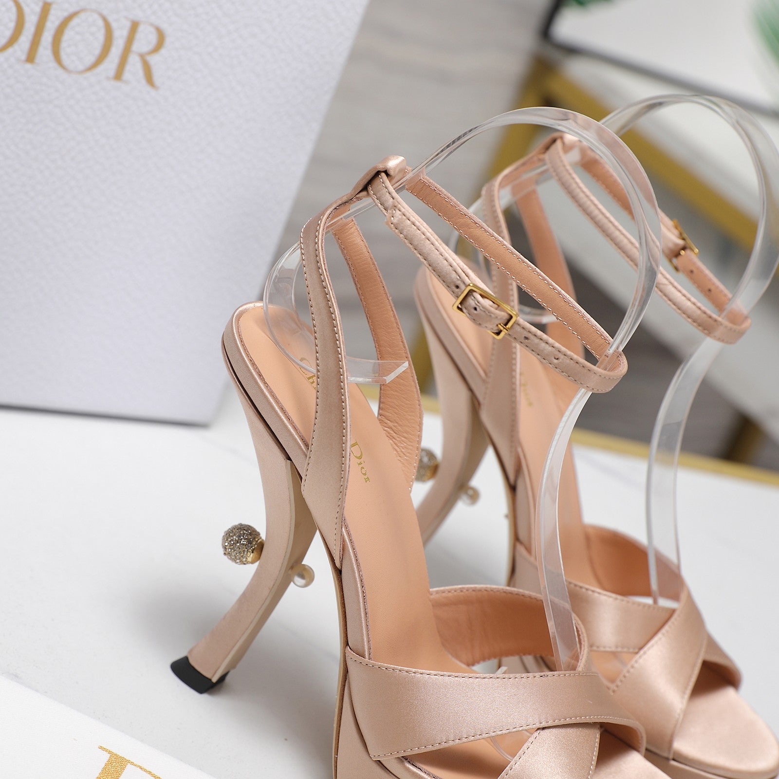 CD Pearl-Embellished High Heel Sandals 25s 115 Mm In Beige Satin