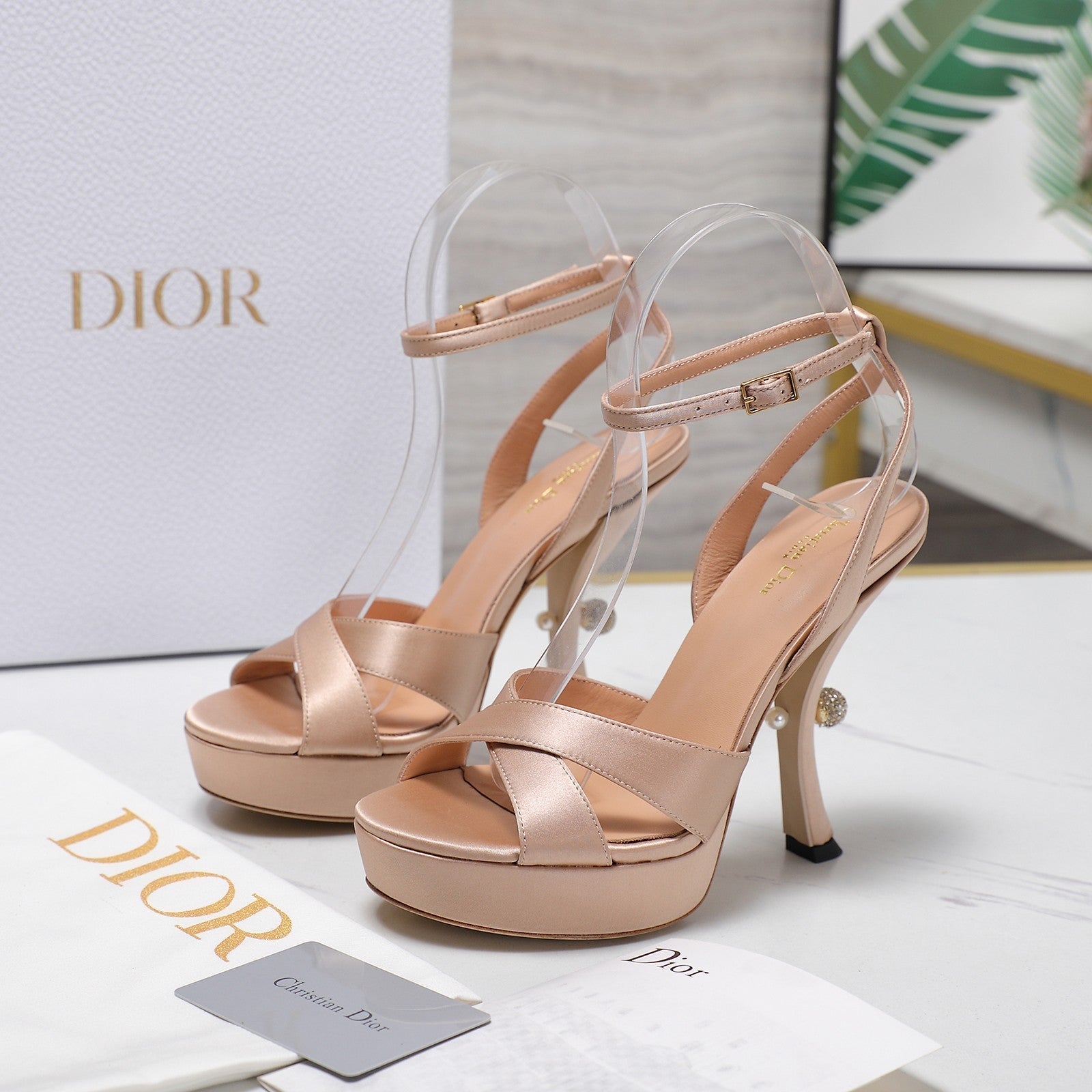 CD Pearl-Embellished High Heel Sandals 25s 115 Mm In Beige Satin