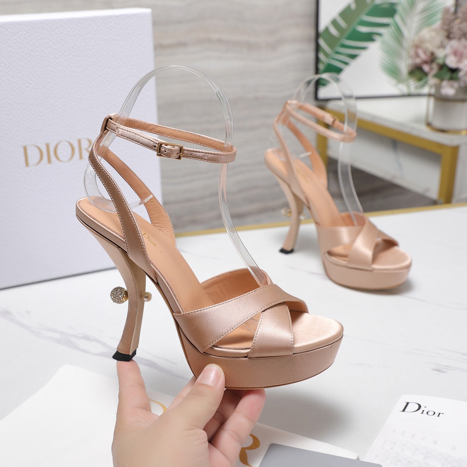 CD Pearl-Embellished High Heel Sandals 25s 115 Mm In Beige Satin