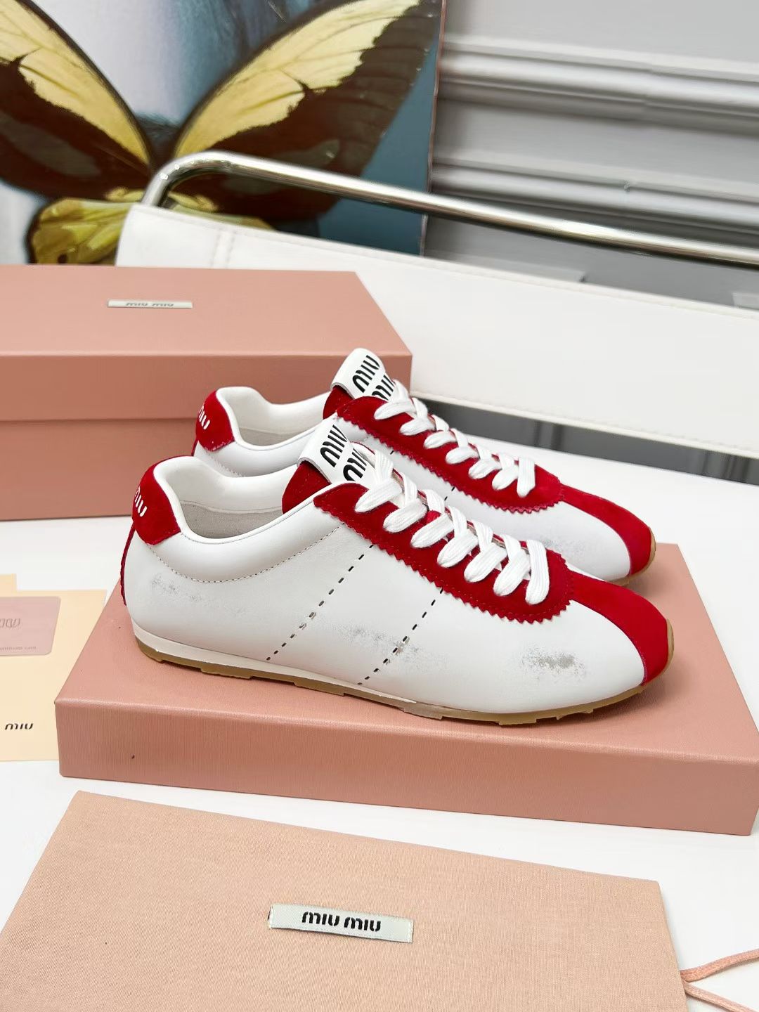 Miu Plume Sneakers Red White Cowhide Suede 456352