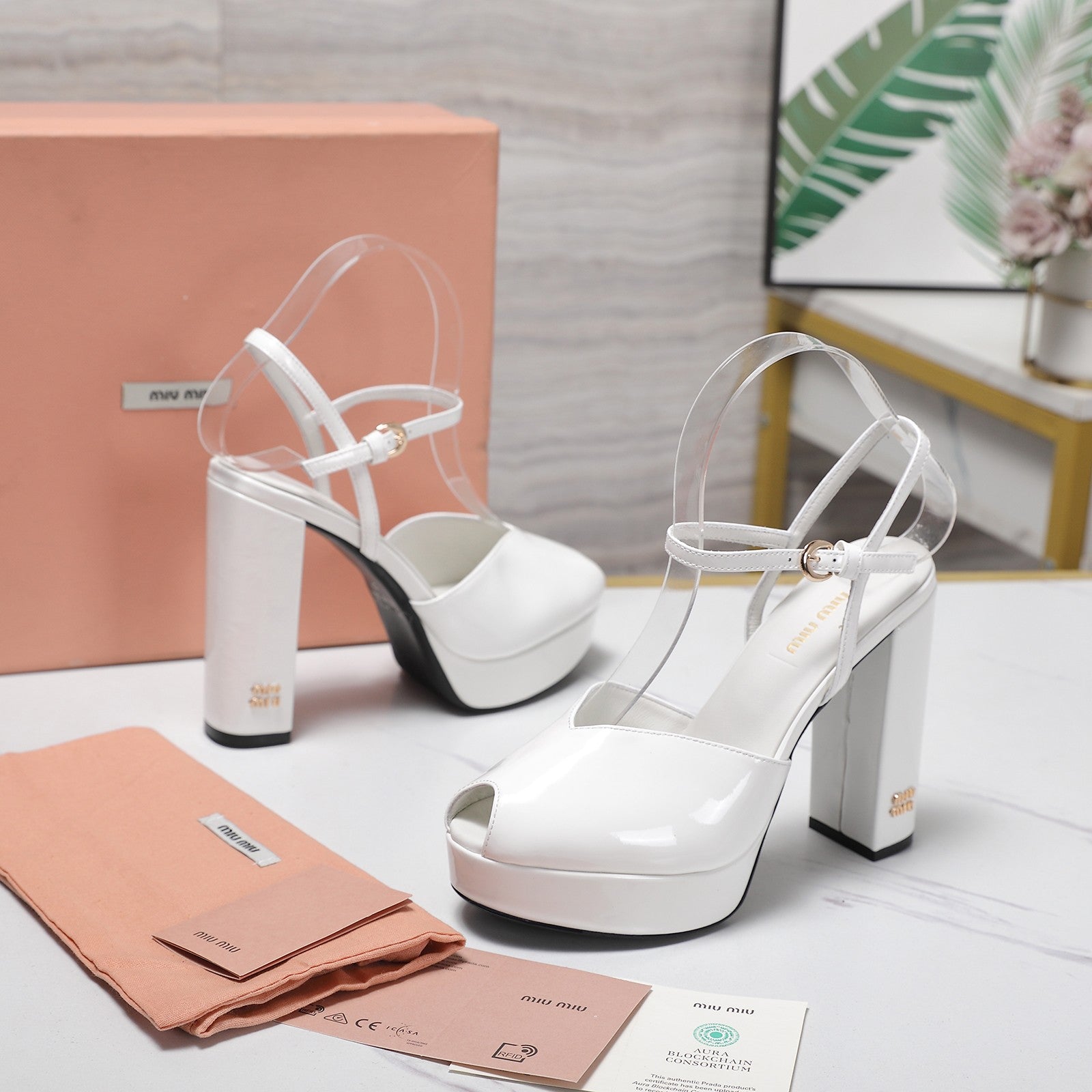 Miu Block-Heel Platform Sandals 125mm White Patent Leather 504174