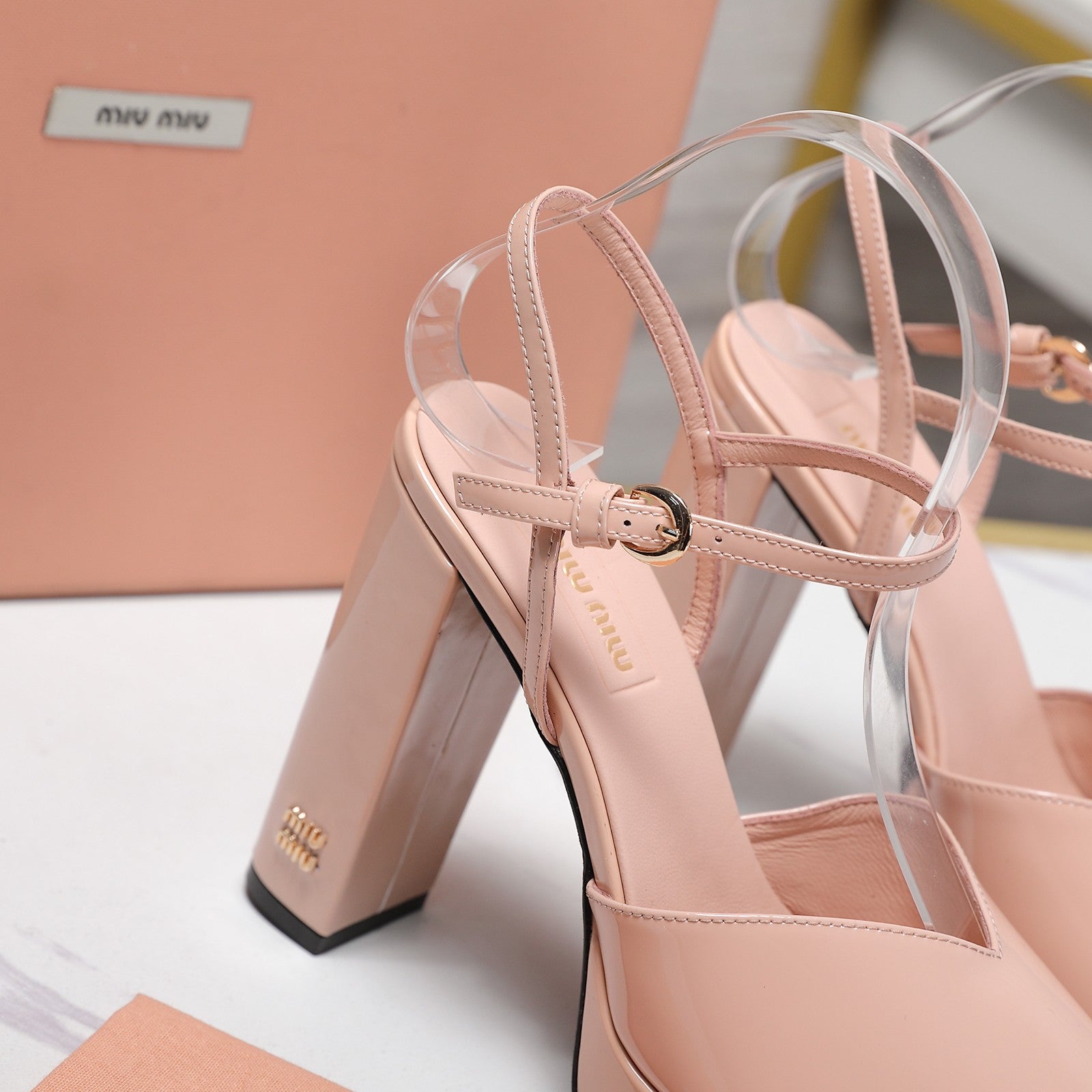 Miu Block-Heel Platform Sandals 125mm Muted Pink Patent Leather 504177