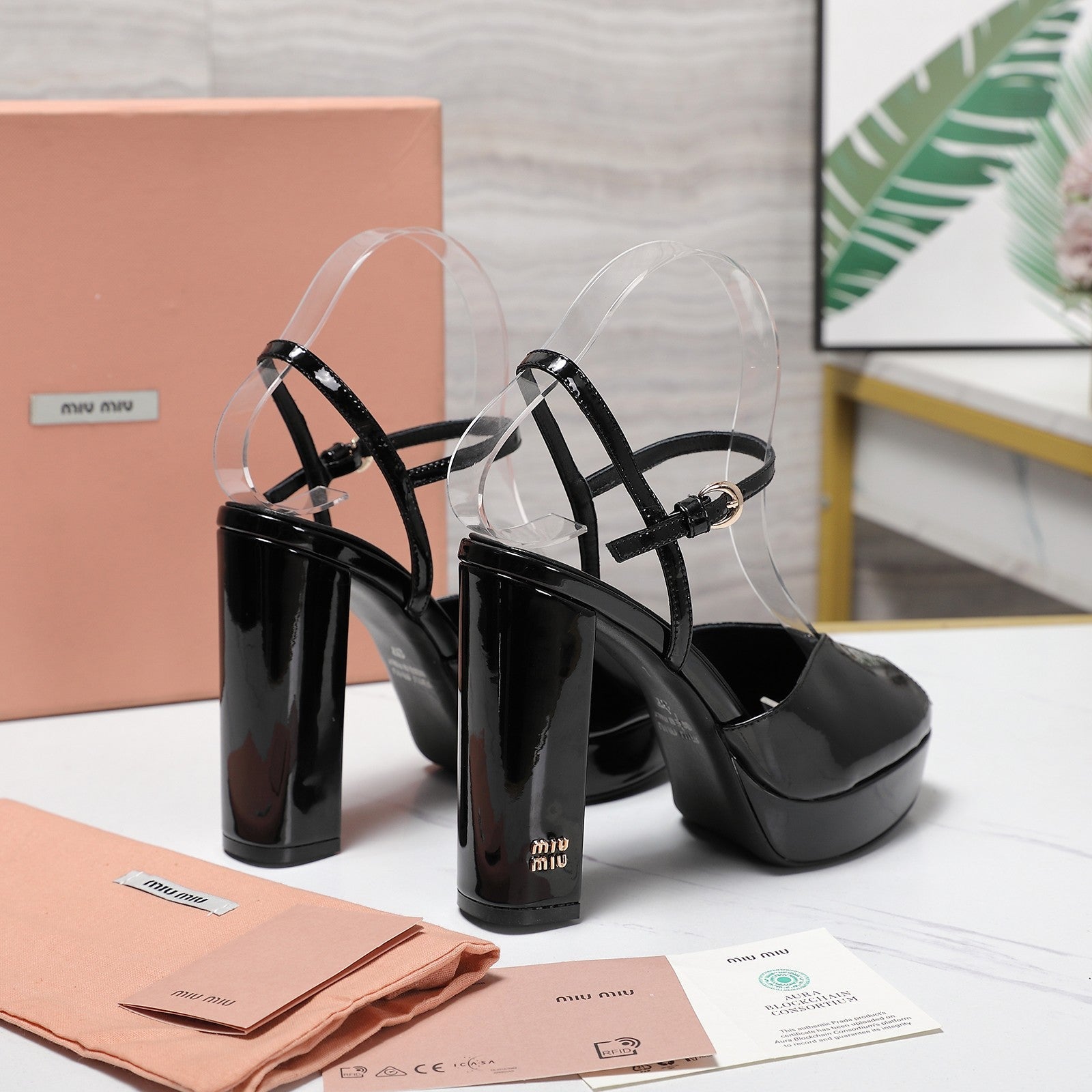 Miu Block-Heel Platform Sandals 125mm Black Patent Leather 504179