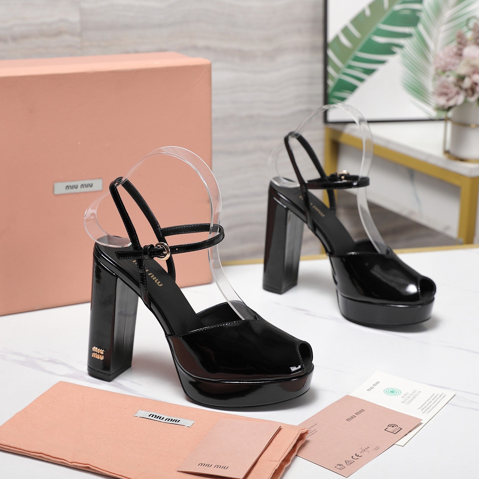 Miu Block-Heel Platform Sandals 125mm Black Patent Leather 504179