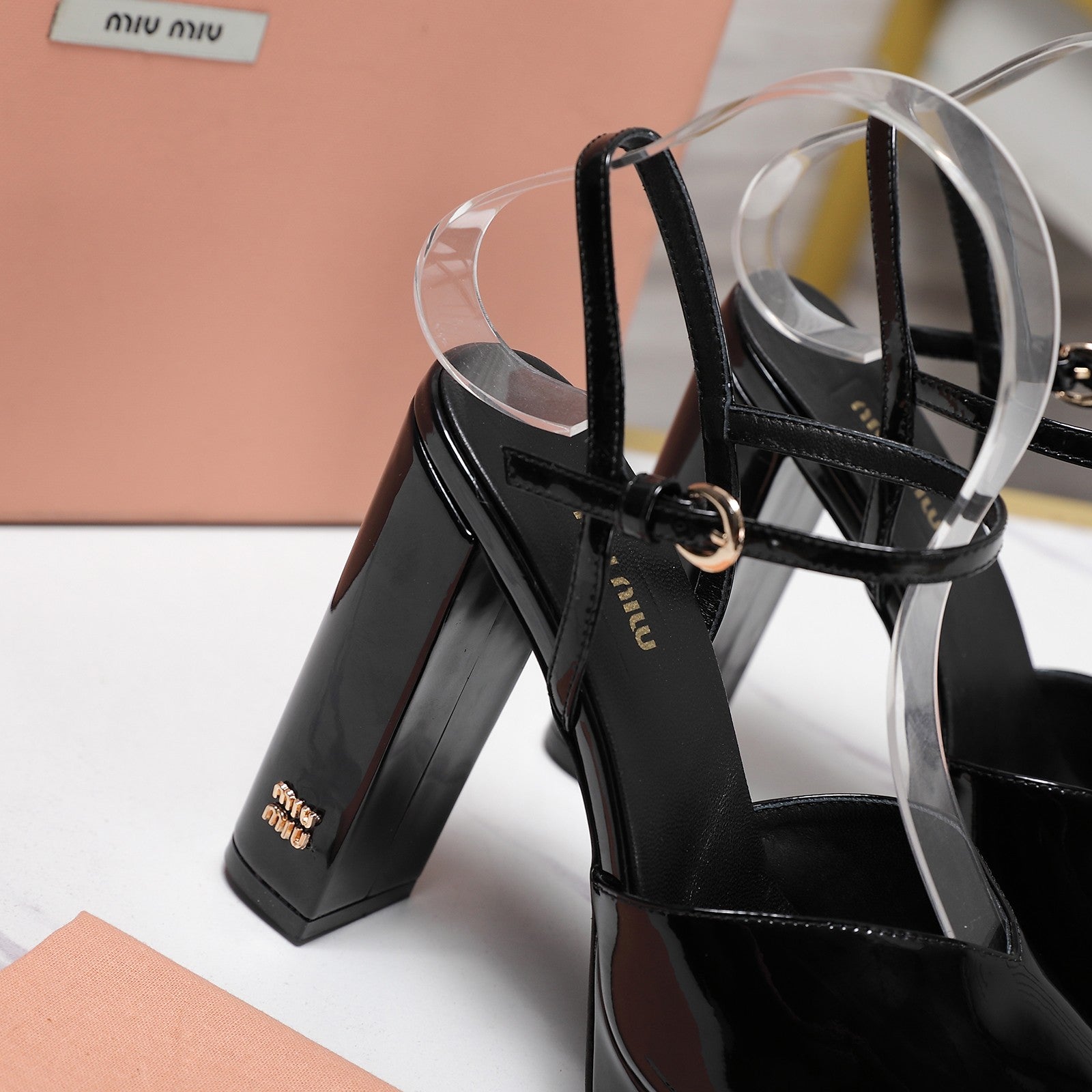 Miu Block-Heel Platform Sandals 125mm Black Patent Leather 504179