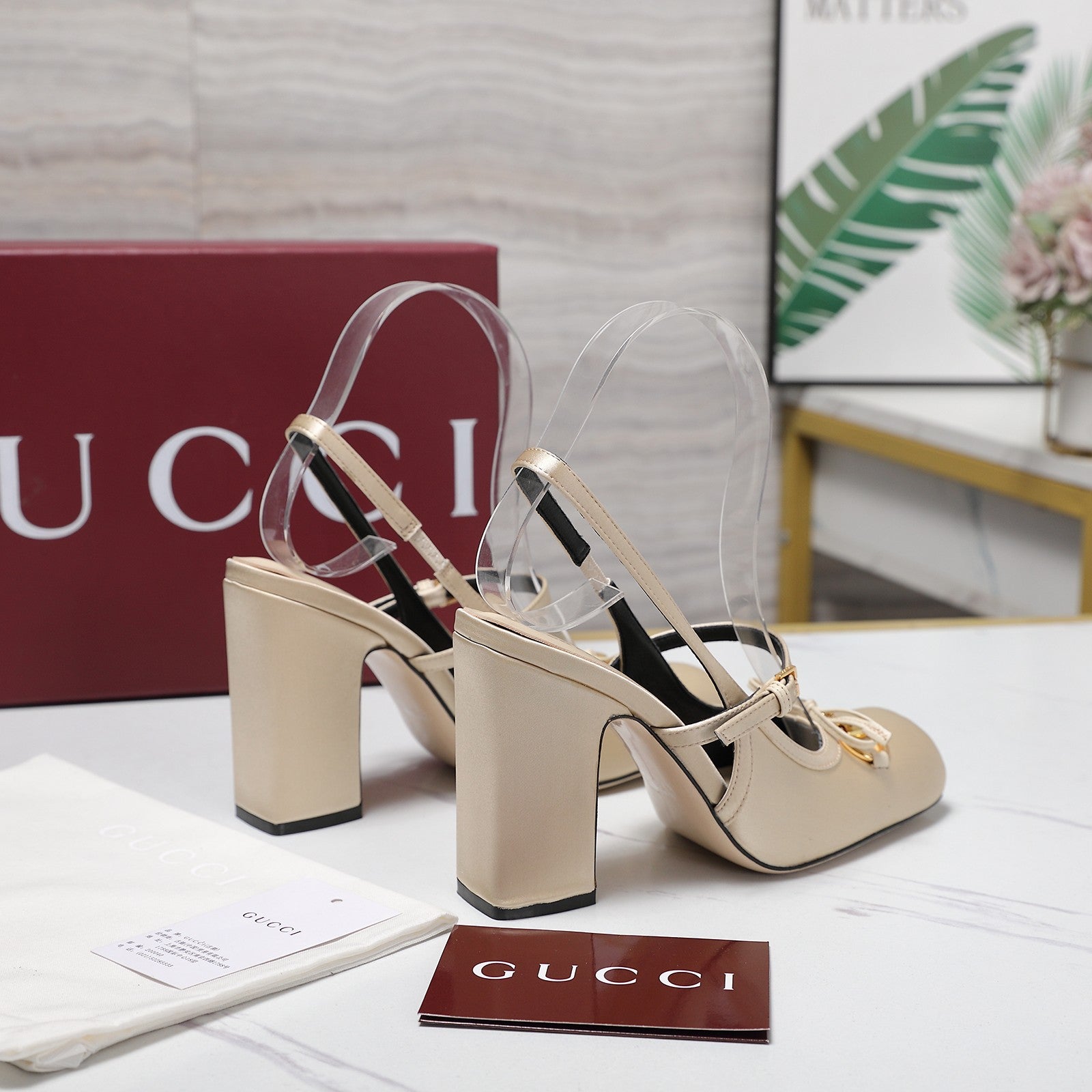 Gucci Horsebit Slingback Pumps Light Beige Satin Fabric 504421