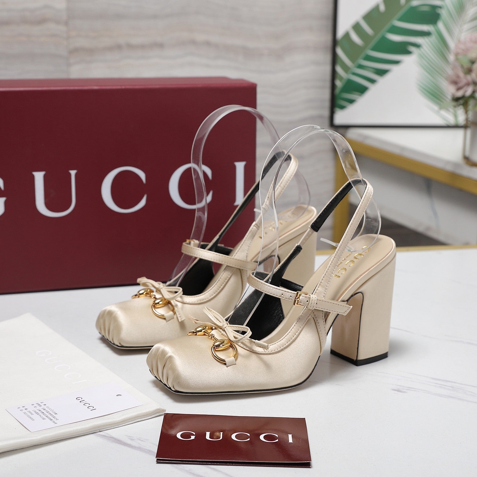 Gucci Horsebit Slingback Pumps Light Beige Satin Fabric 504421