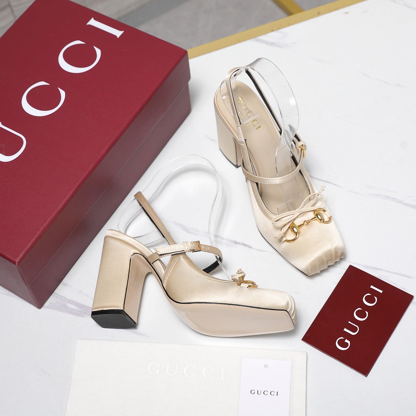 Gucci Horsebit Slingback Pumps Light Beige Satin Fabric 504421