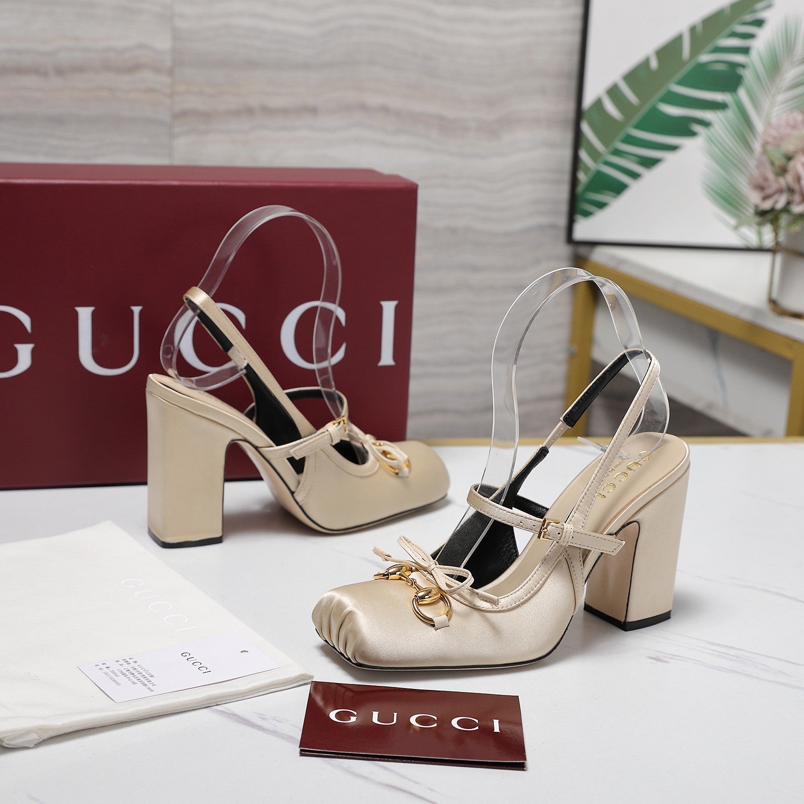 Gucci Horsebit Slingback Pumps Light Beige Satin Fabric 504421