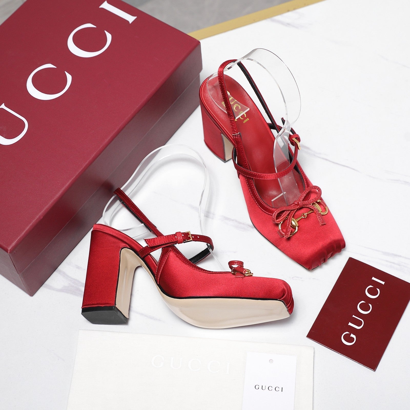 Gucci Horsebit Slingback Pumps Red Satin Fabric 504423