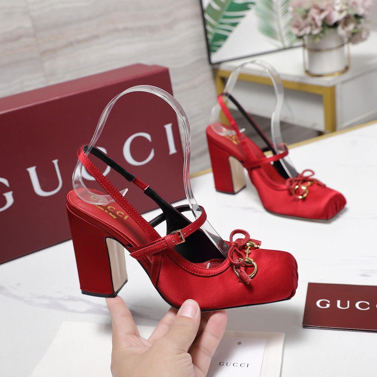 Gucci Horsebit Slingback Pumps Red Satin Fabric 504423