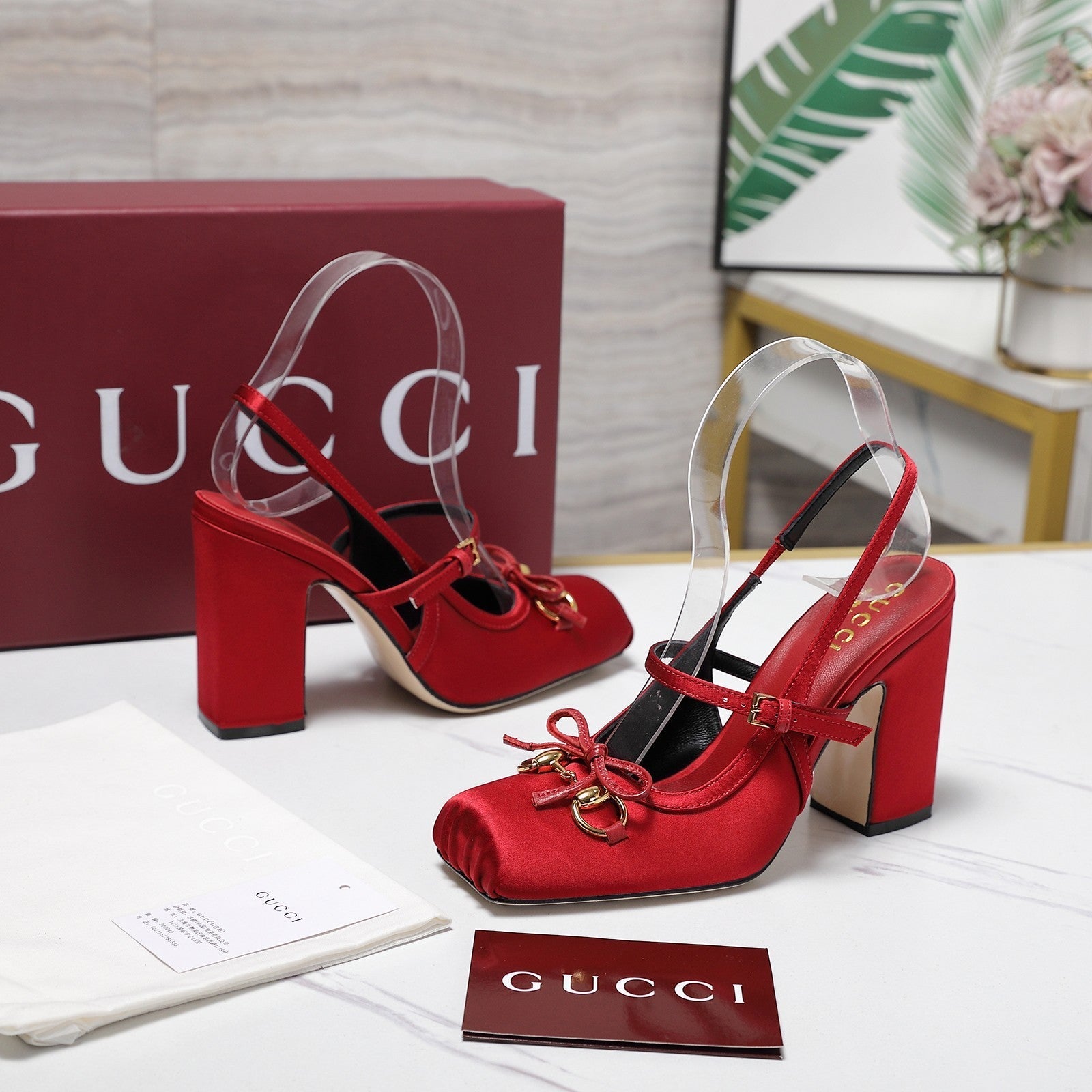 Gucci Horsebit Slingback Pumps Red Satin Fabric 504423