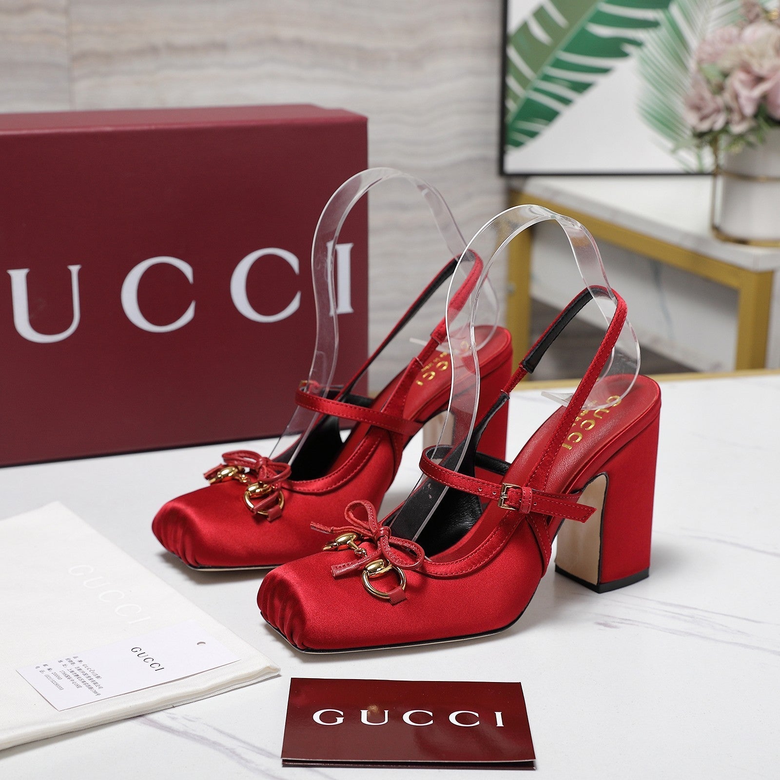 Gucci Horsebit Slingback Pumps Red Satin Fabric 504423