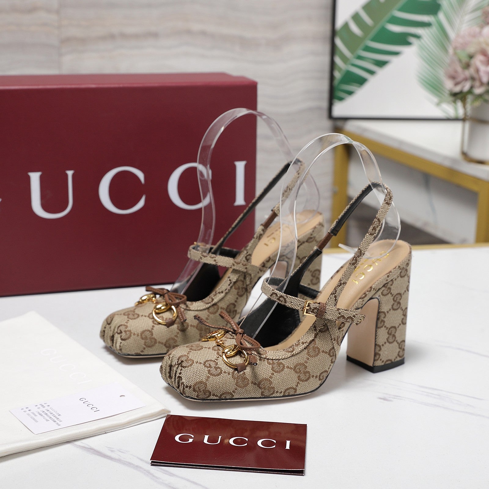 Gucci Horsebit Slingback Pumps Beige Jacquard Canvas 504425