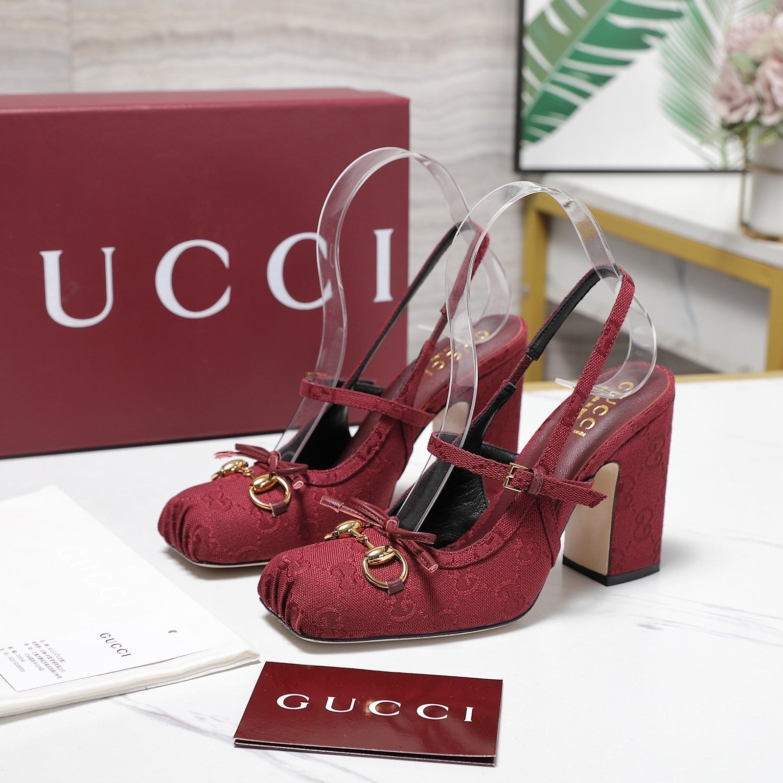 Gucci Horsebit Slingback Pumps Burgundy Jacquard Canvas 504426