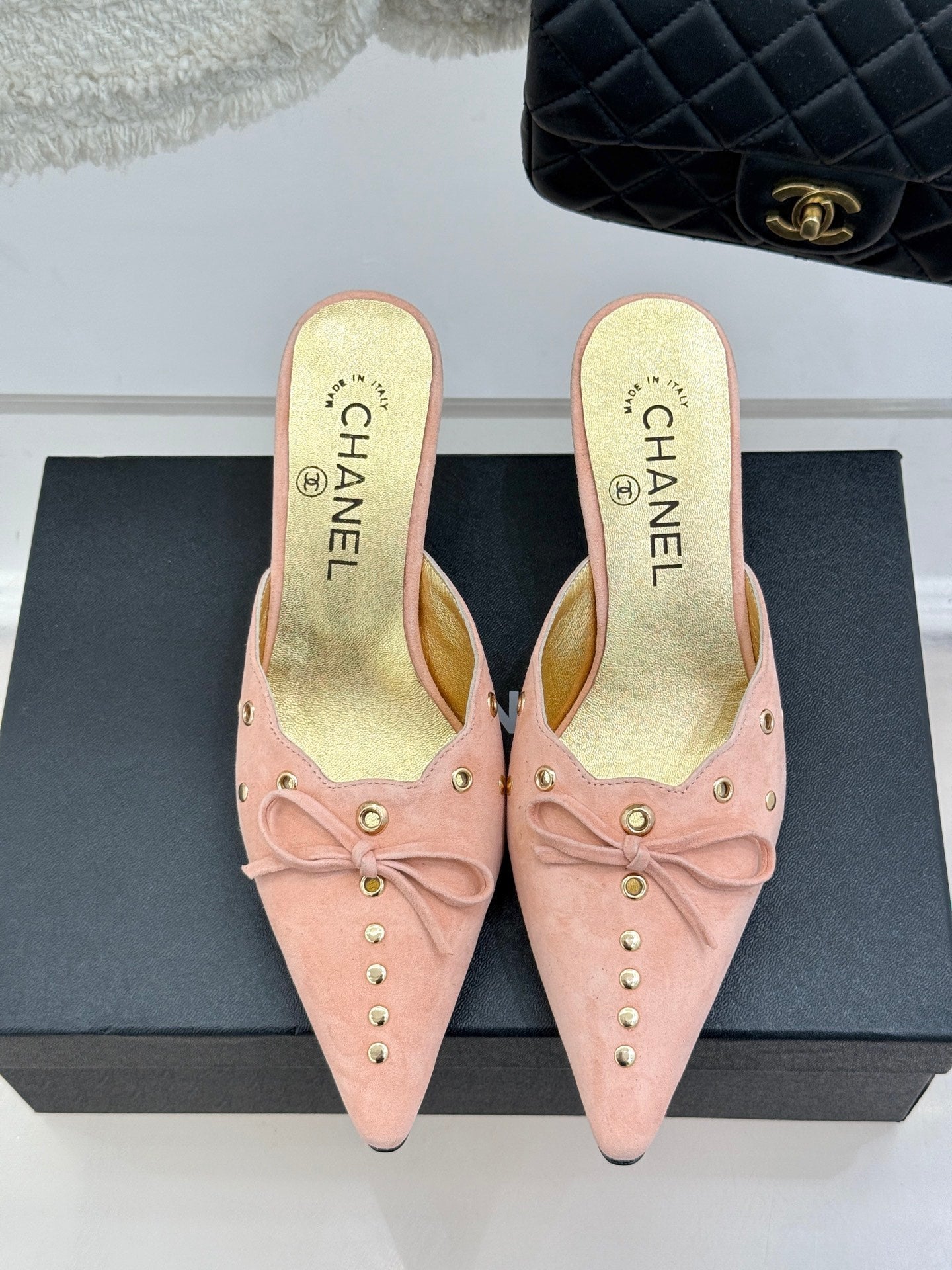 CC 25C Bowknot Pointed High Heel Half Slippers 60mm Peach Suede 265659