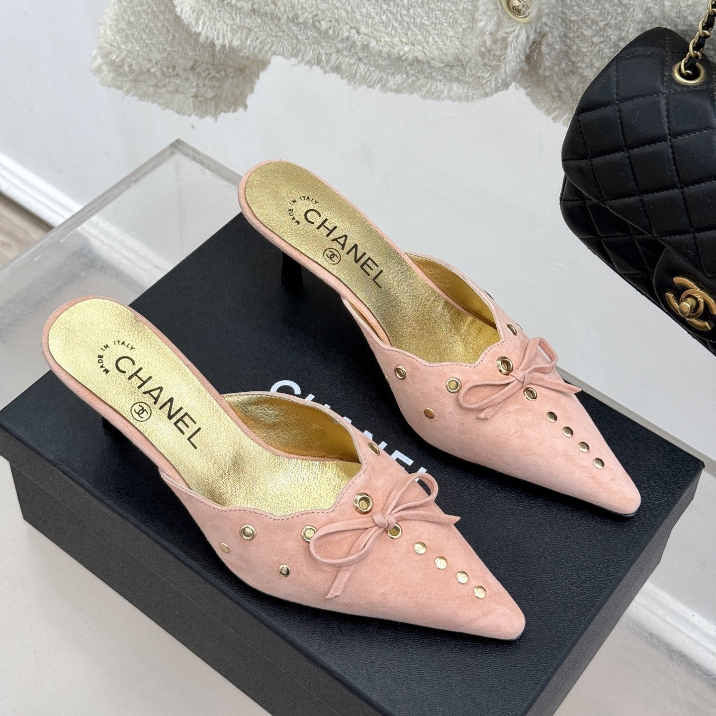 CC 25C Bowknot Pointed High Heel Half Slippers 60mm Peach Suede 265659