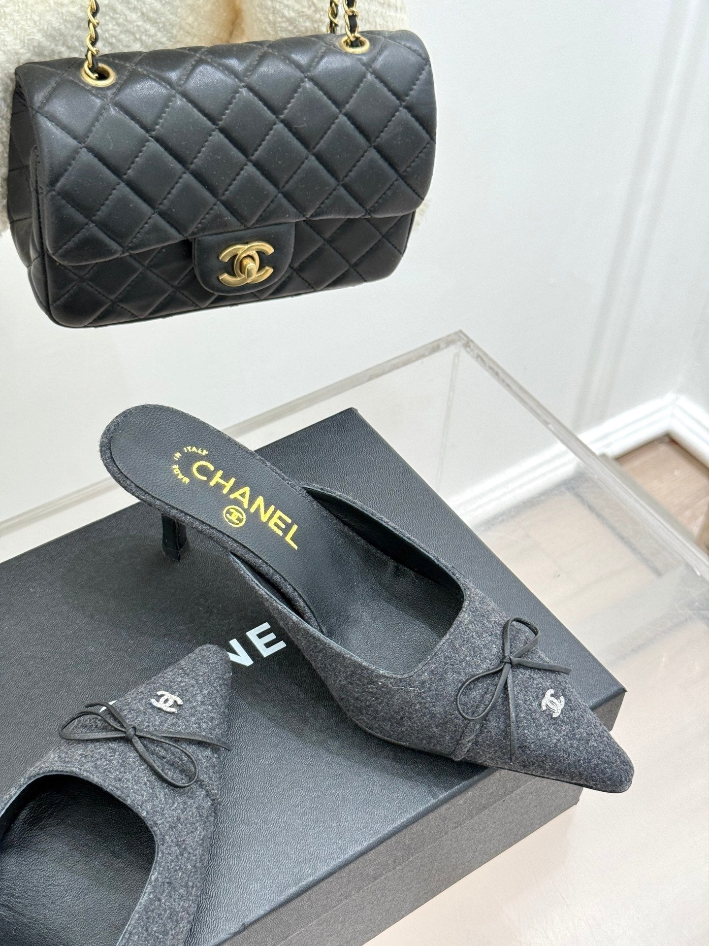 CC 25C Bowknot Pointed High Heel Half Slippers 60mm Black Linen 265662
