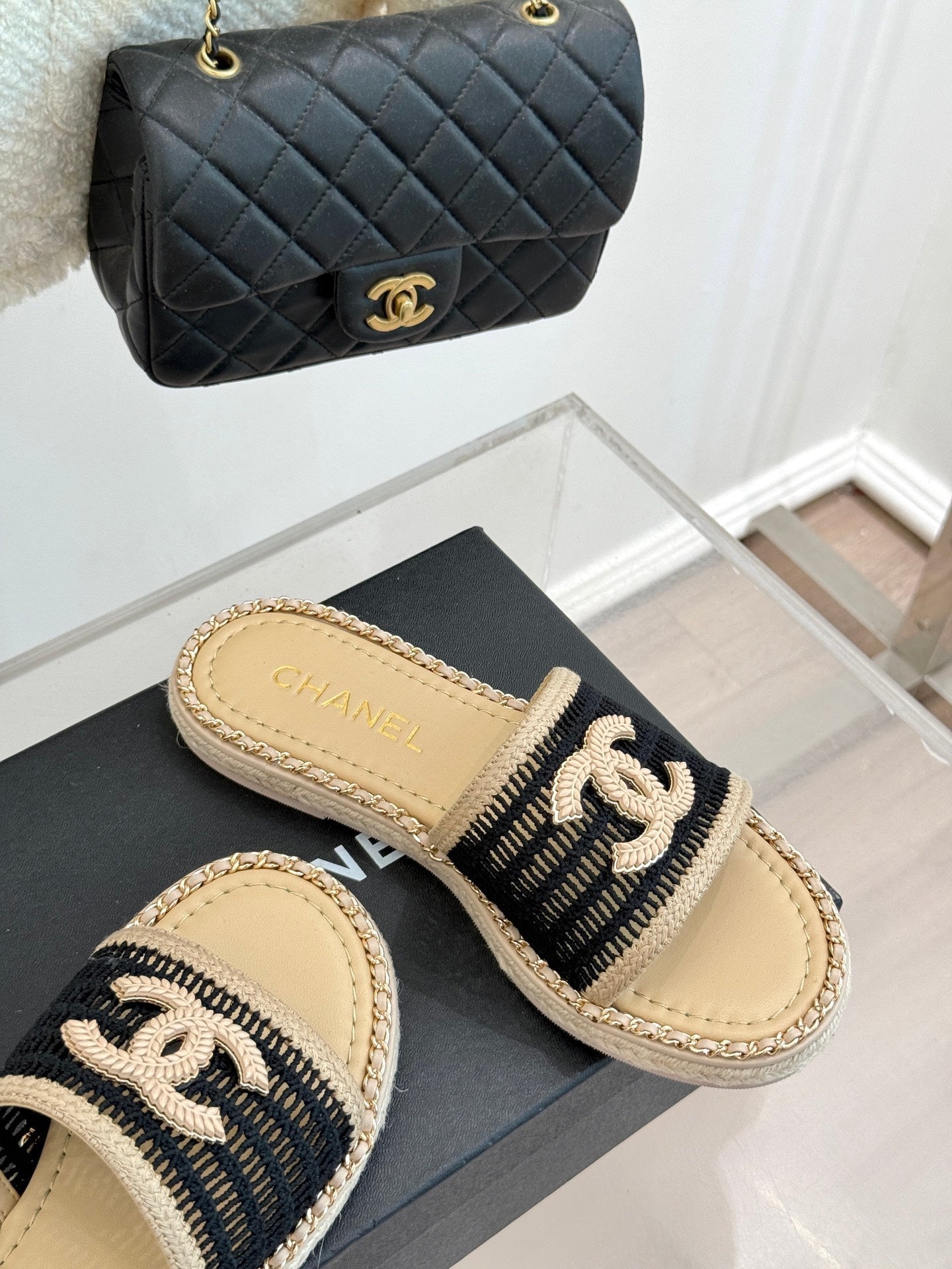 CC Mesh Hollow Chain Double C Thick-Soled Slippers 20mm Beige Black 265646