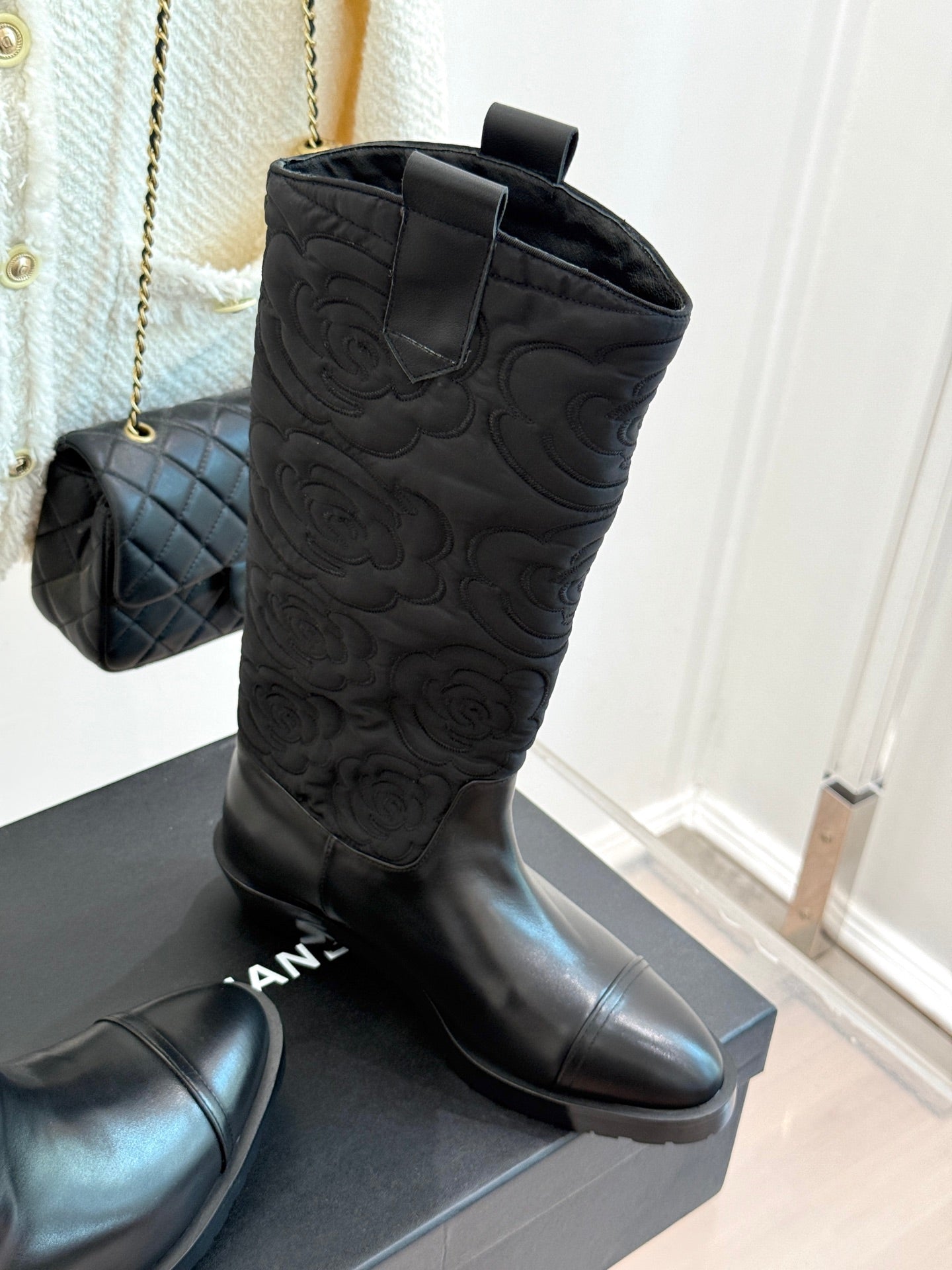 CC cowboy mid-calf boots black sheepskin denim fabric 511980