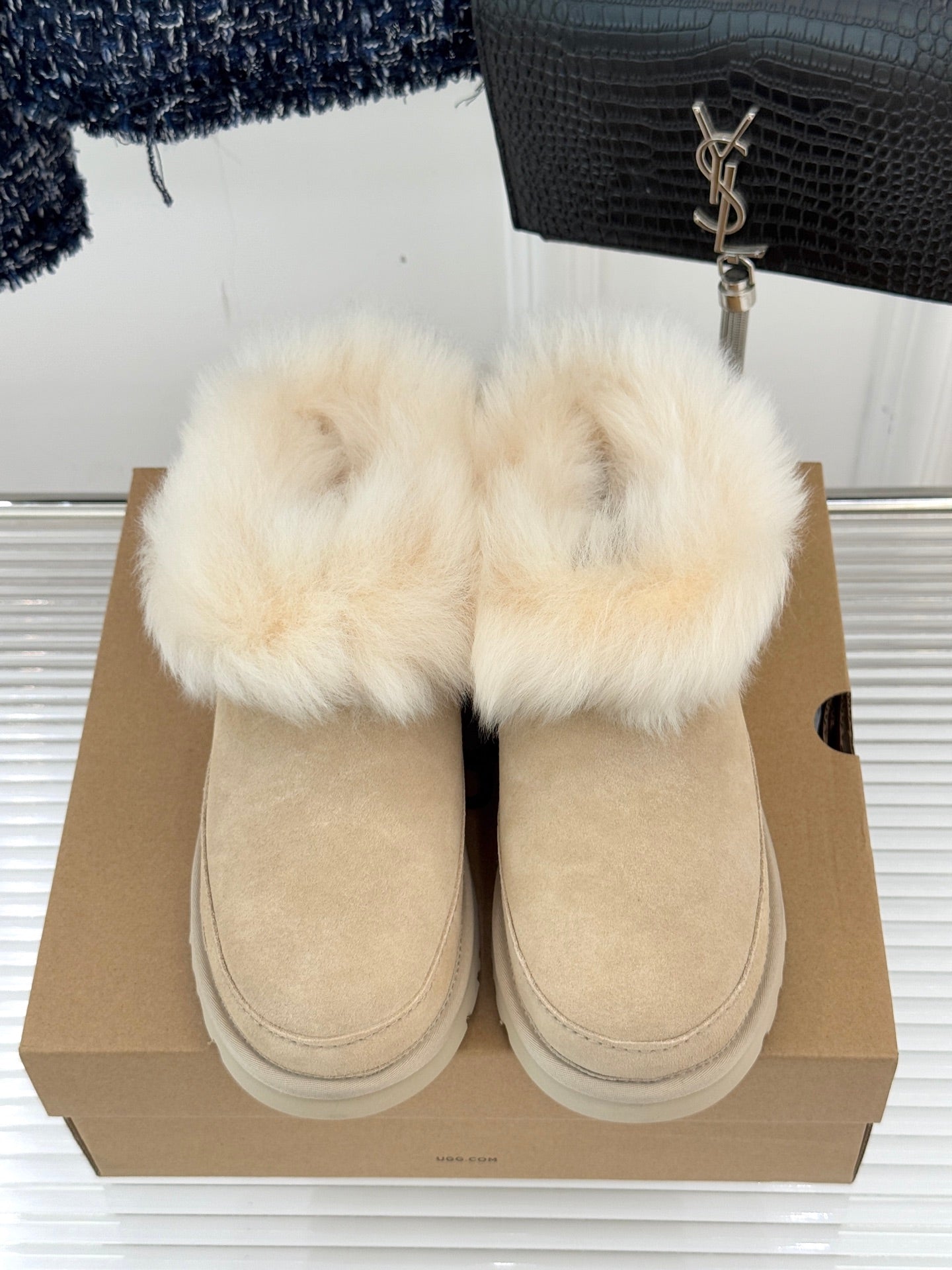 UGG Classic Ultra Mini Chalet Boots Muted Beige Suede Sheepskin Cuff 517489