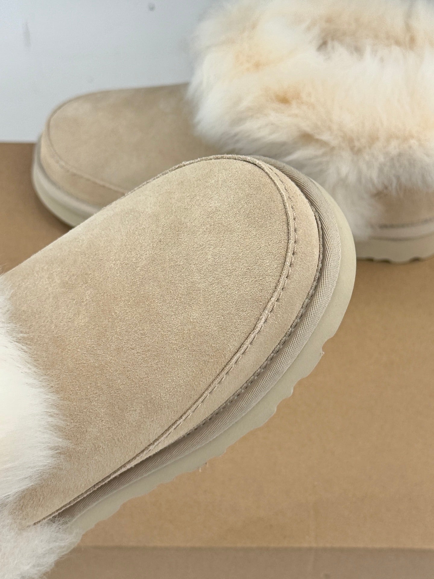 UGG Classic Ultra Mini Chalet Boots Muted Beige Suede Sheepskin Cuff 517489