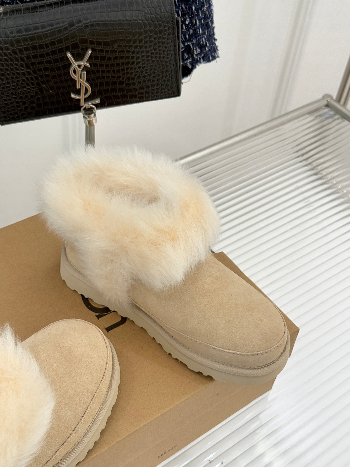 UGG Classic Ultra Mini Chalet Boots Muted Beige Suede Sheepskin Cuff 517489