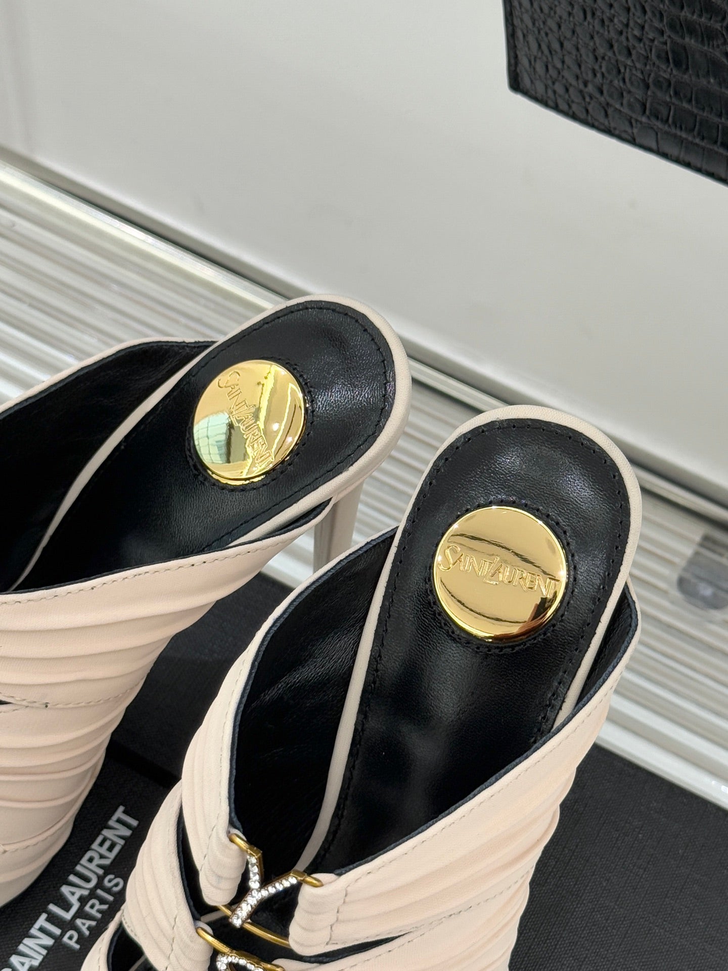 YSL Emilie Stiletto Mule Sandals 11cm Cream Satin 642912