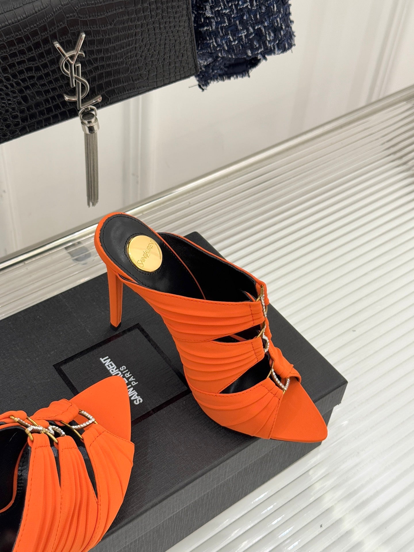 YSL Emilie Stiletto Mule Sandals 11cm Orange Satin 642913