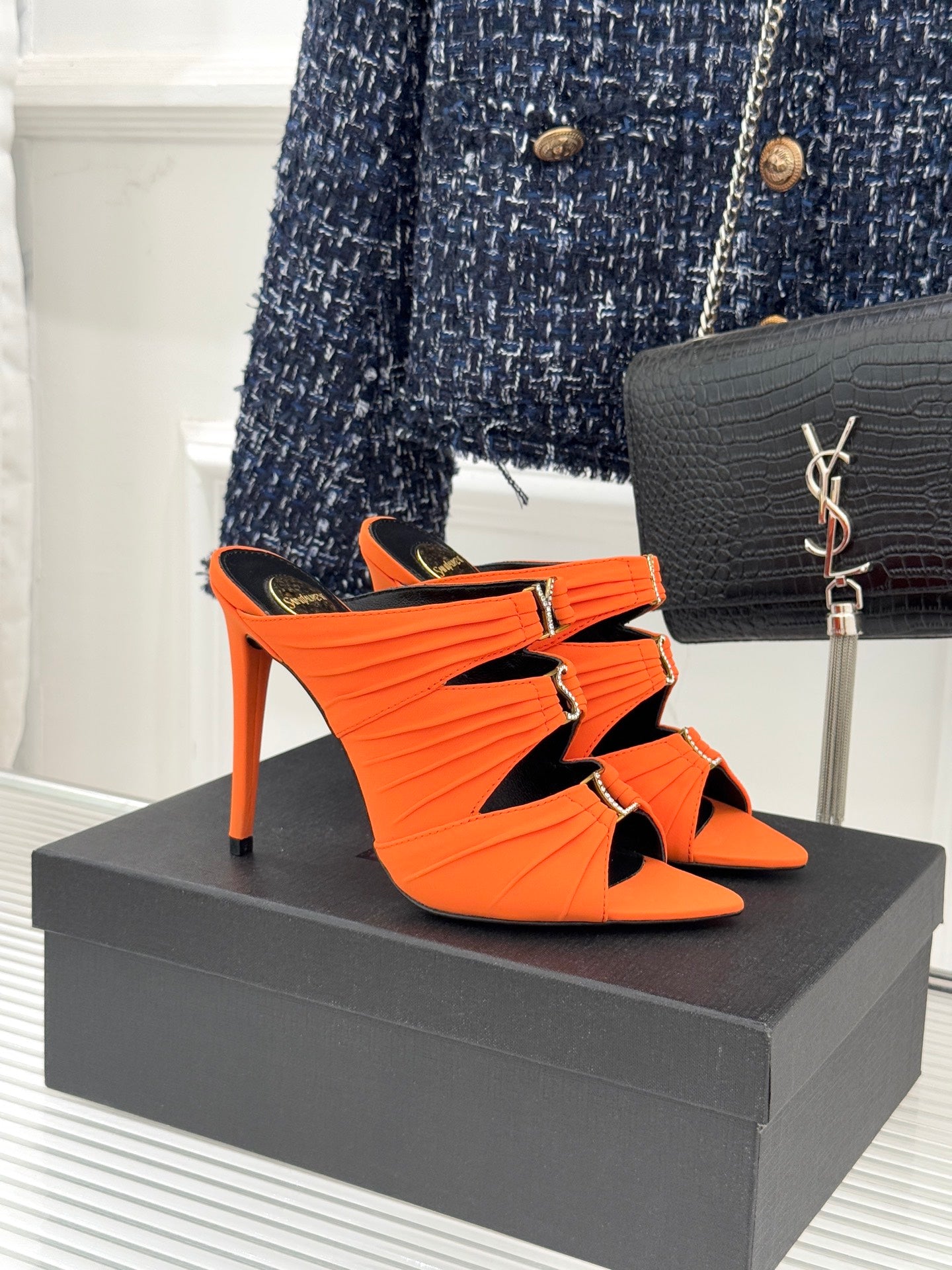 YSL Emilie Stiletto Mule Sandals 11cm Orange Satin 642913