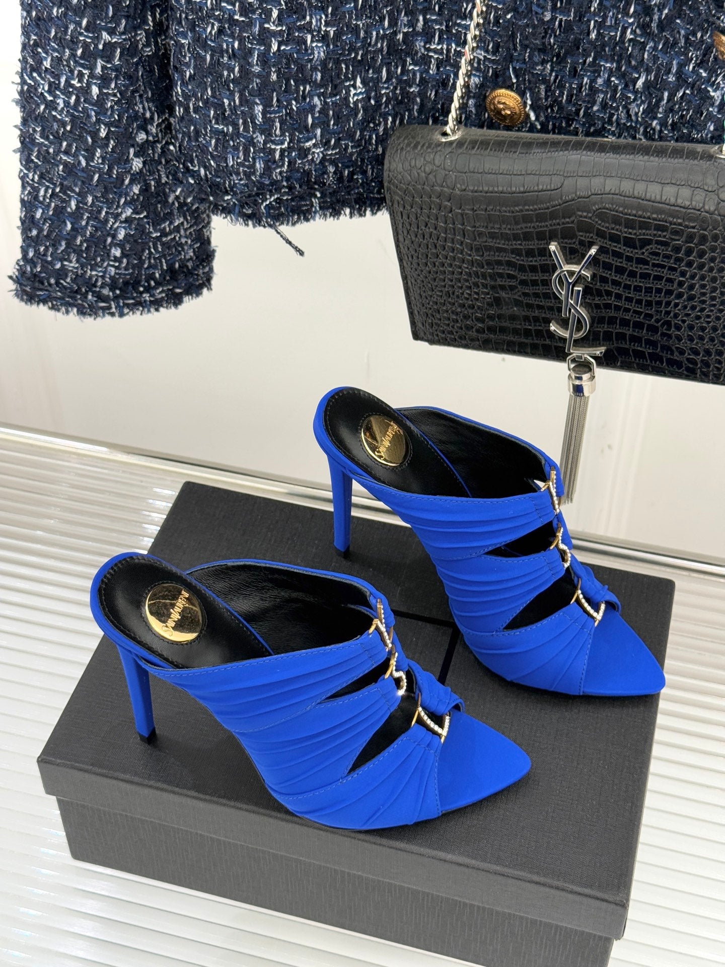 YSL Emilie Stiletto Mule Sandals 11cm Blue Satin 642915