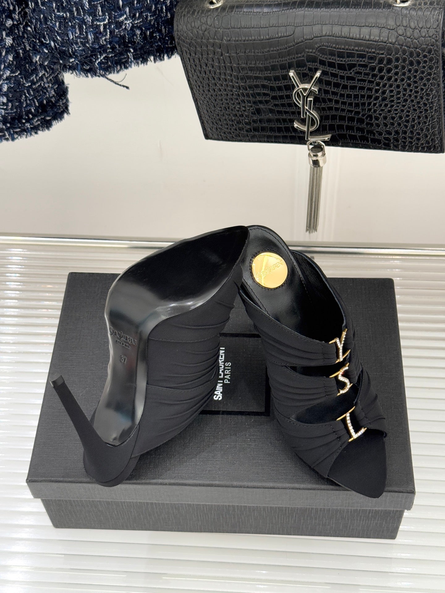 YSL Emilie Stiletto Mule Sandals 11cm Black Satin 642916