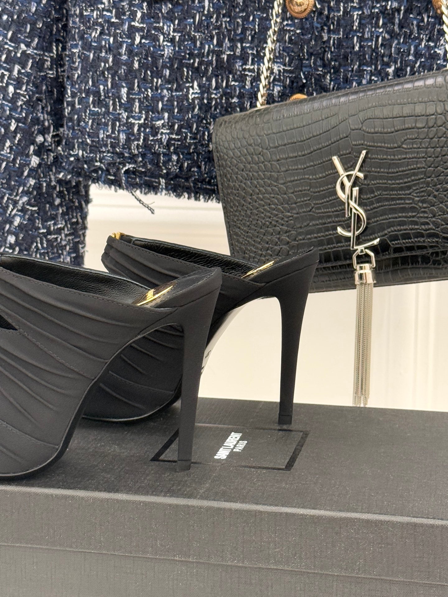 YSL Emilie Stiletto Mule Sandals 11cm Black Satin 642916