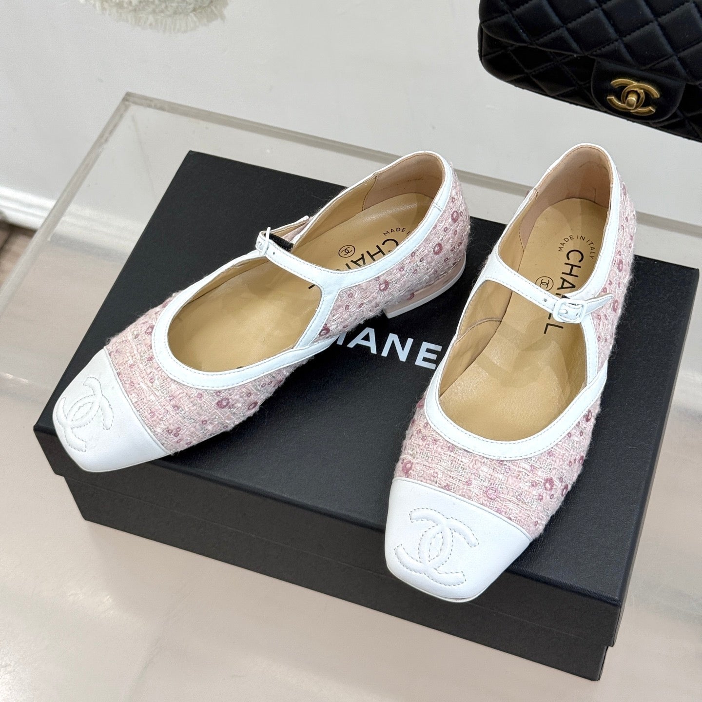 CC 26s Square-Toe Mary Jane Shoes Pink White Tweed Leather 920422