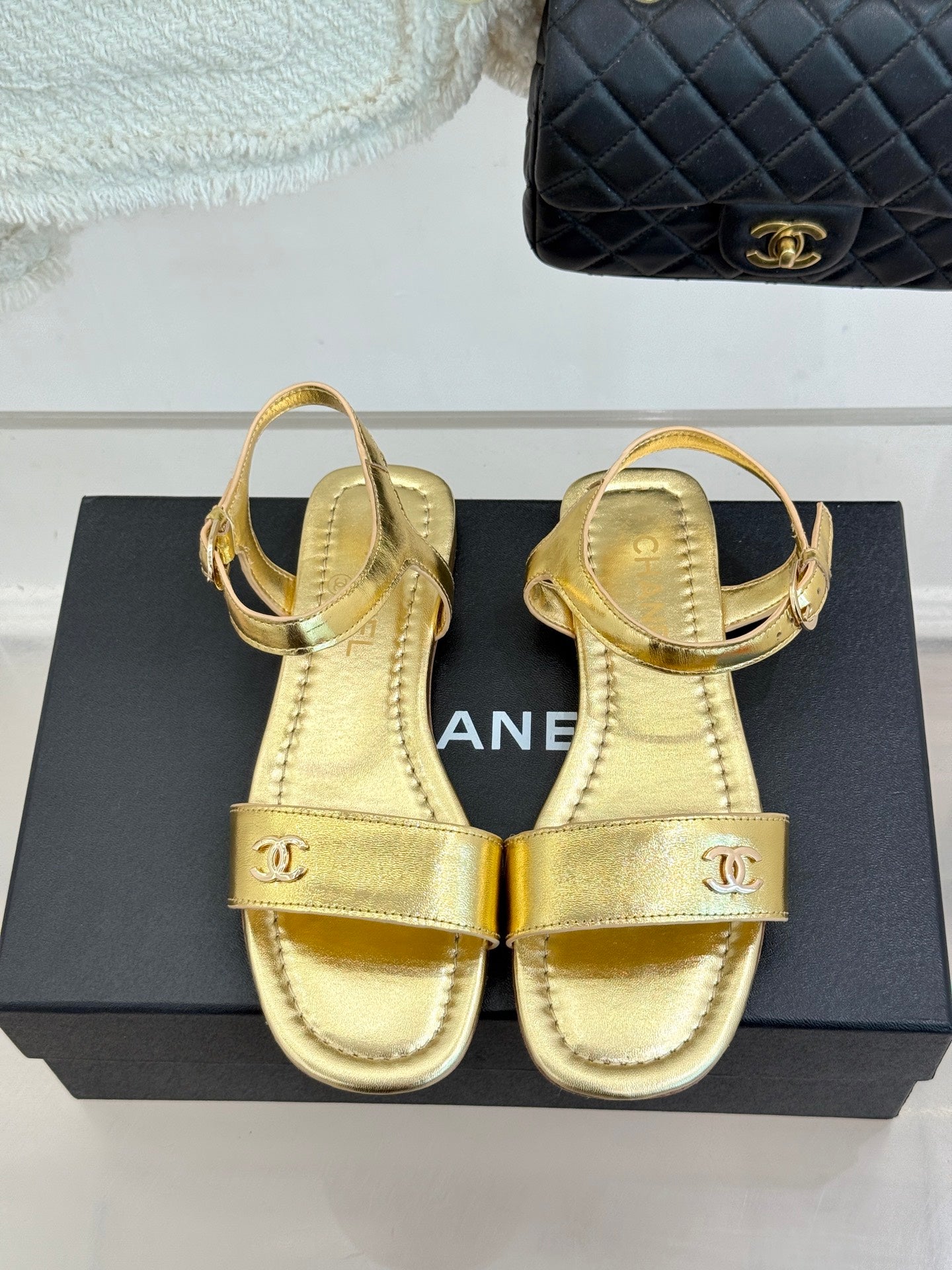 CC 26s Strap Flat Sandals Gold Lambskin 920330
