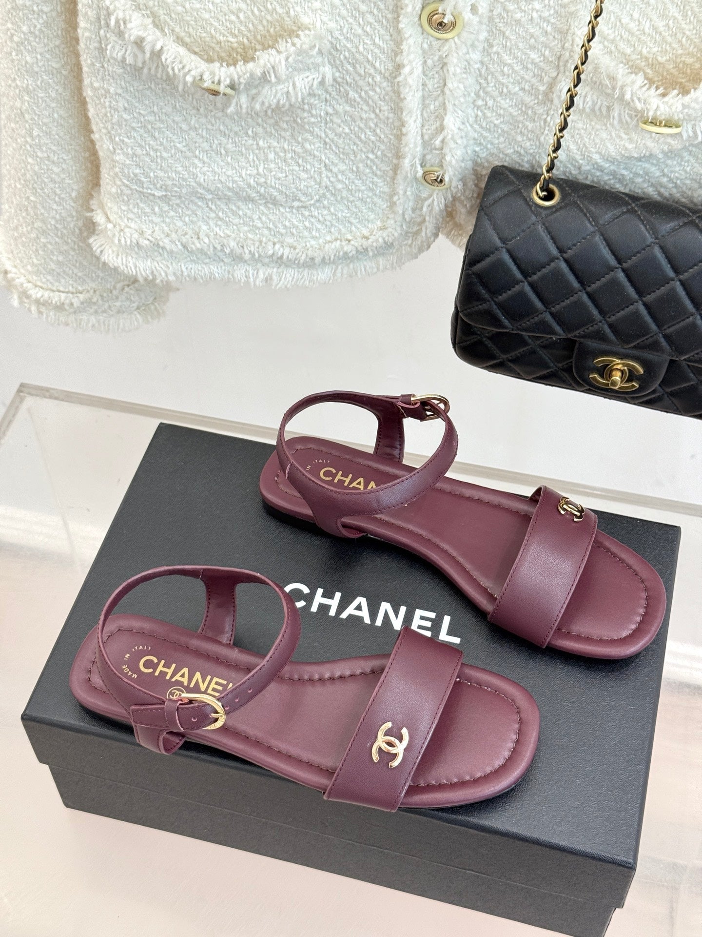 CC 26s Strap Flat Sandals Burgundy Lambskin 920331