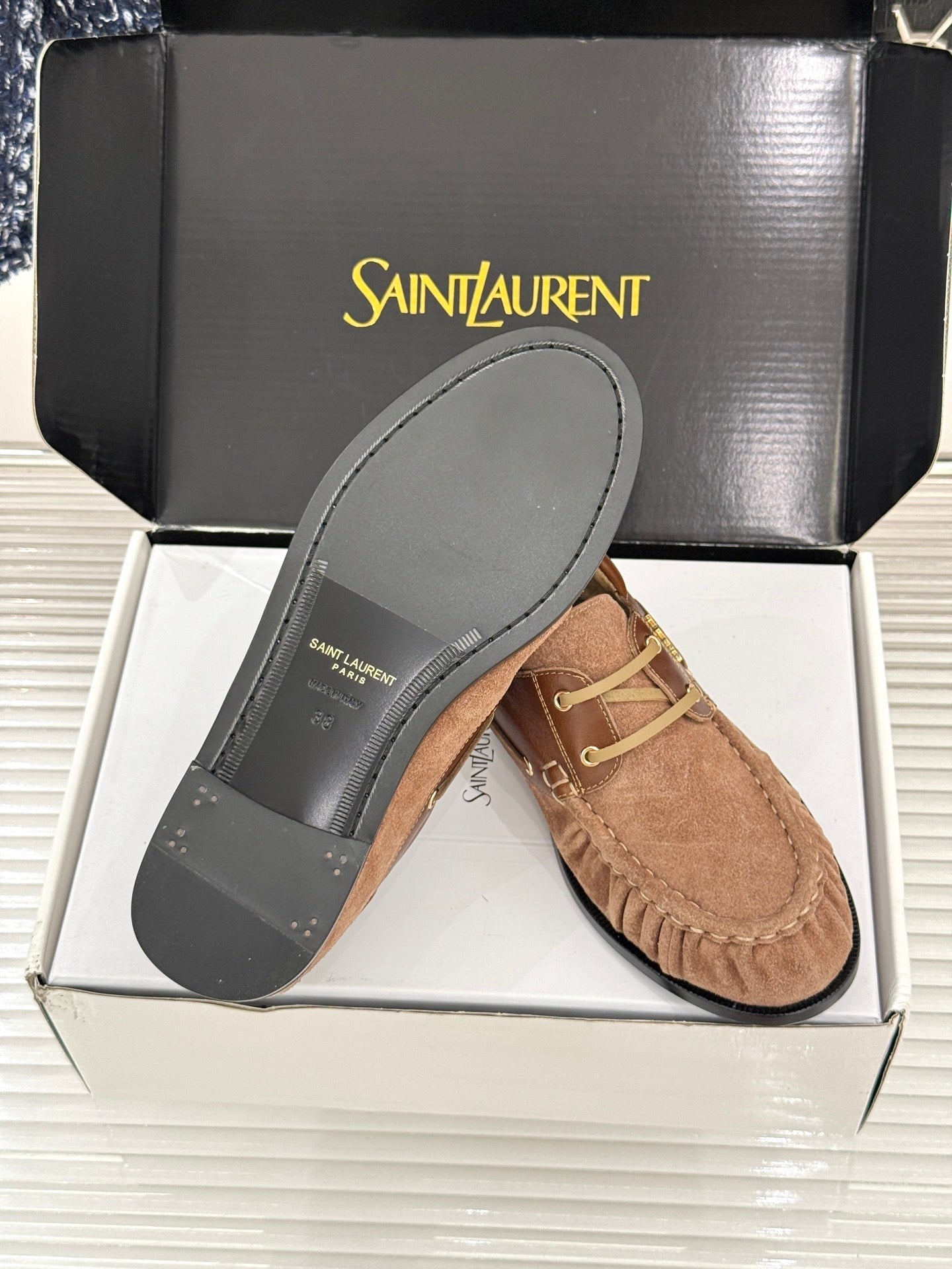 YSL 26s Le Bateau Loafer Dark Brown Calfskin Suede 992280