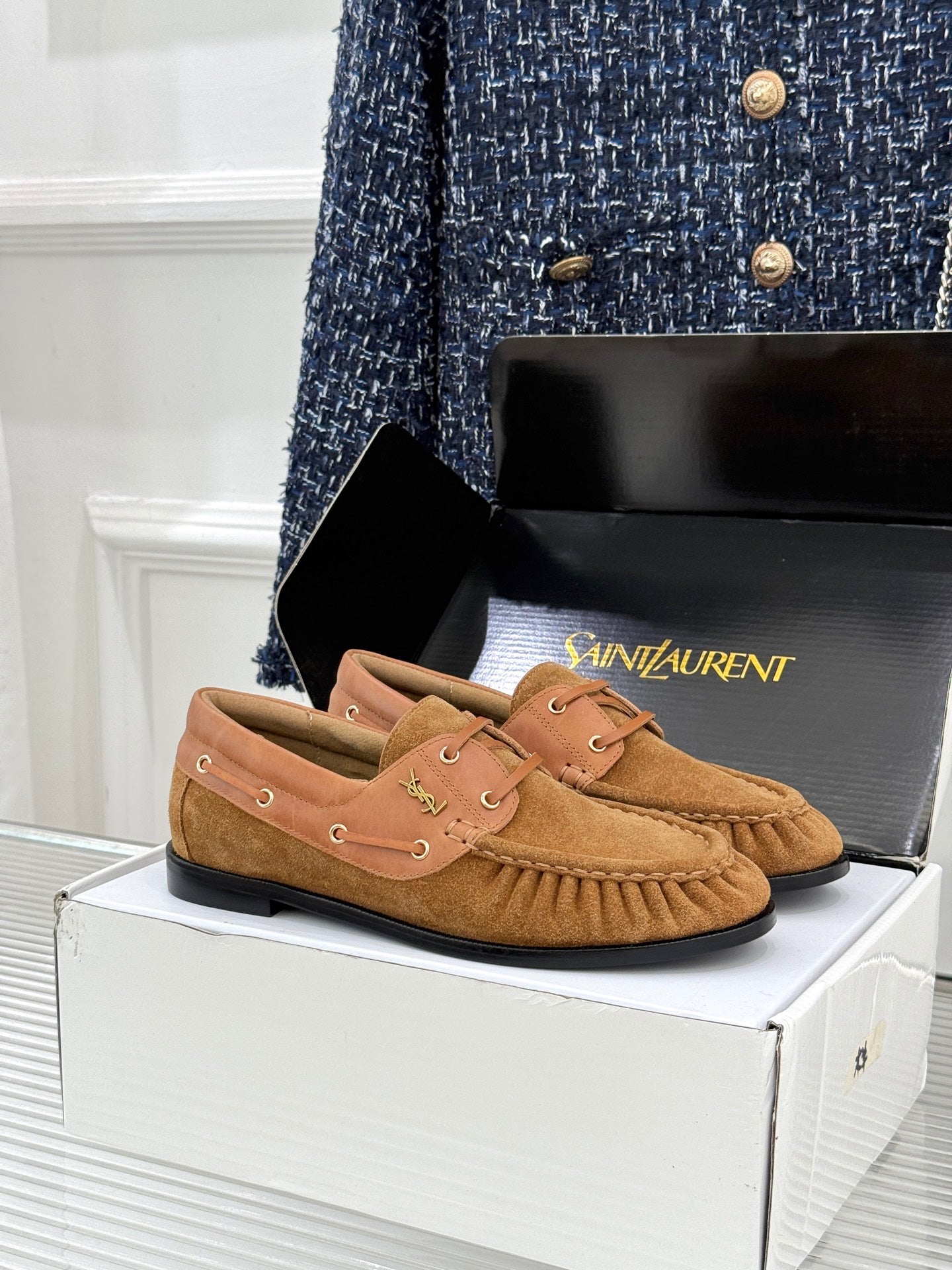 YSL 26s Le Bateau Loafer Tan Brown Calfskin Suede 992281