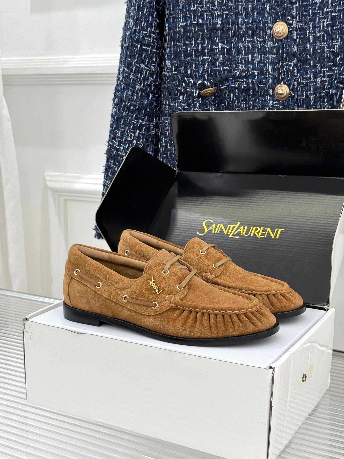 YSL 26s Le Bateau Loafer Tan Brown Suede 992286
