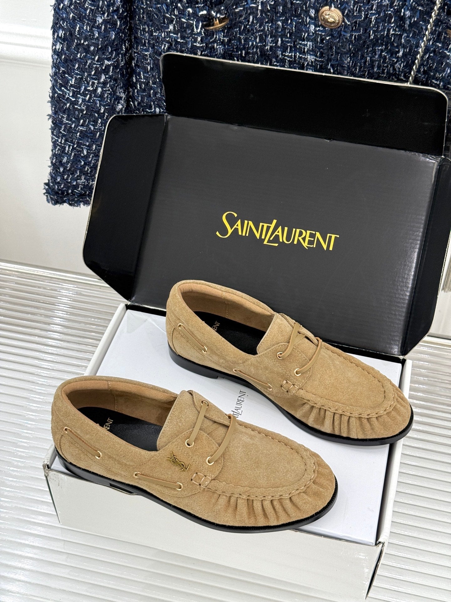YSL 26s Le Bateau Loafer Beige Suede 992288