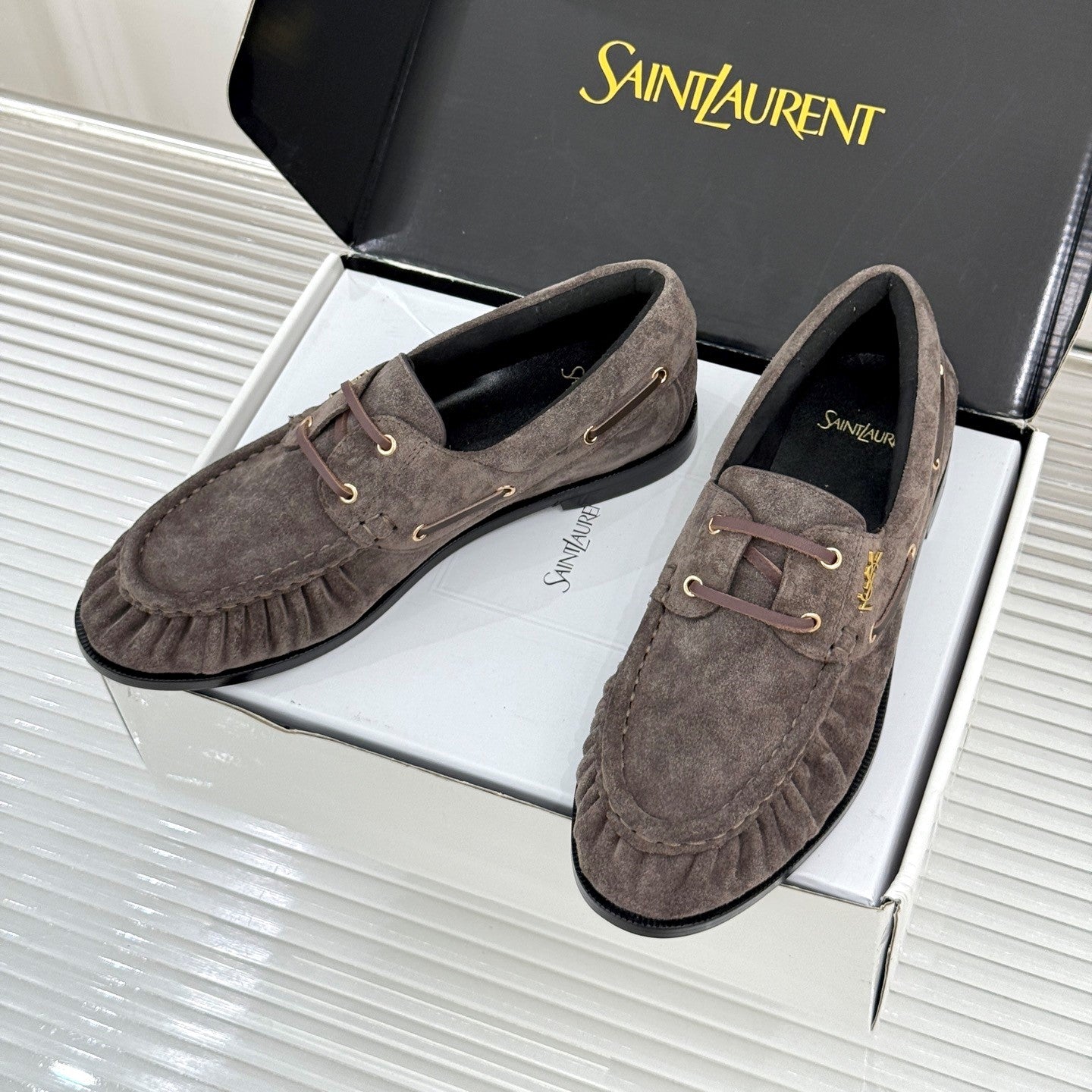 YSL 26s Le Bateau Loafer Taupe Suede 992289